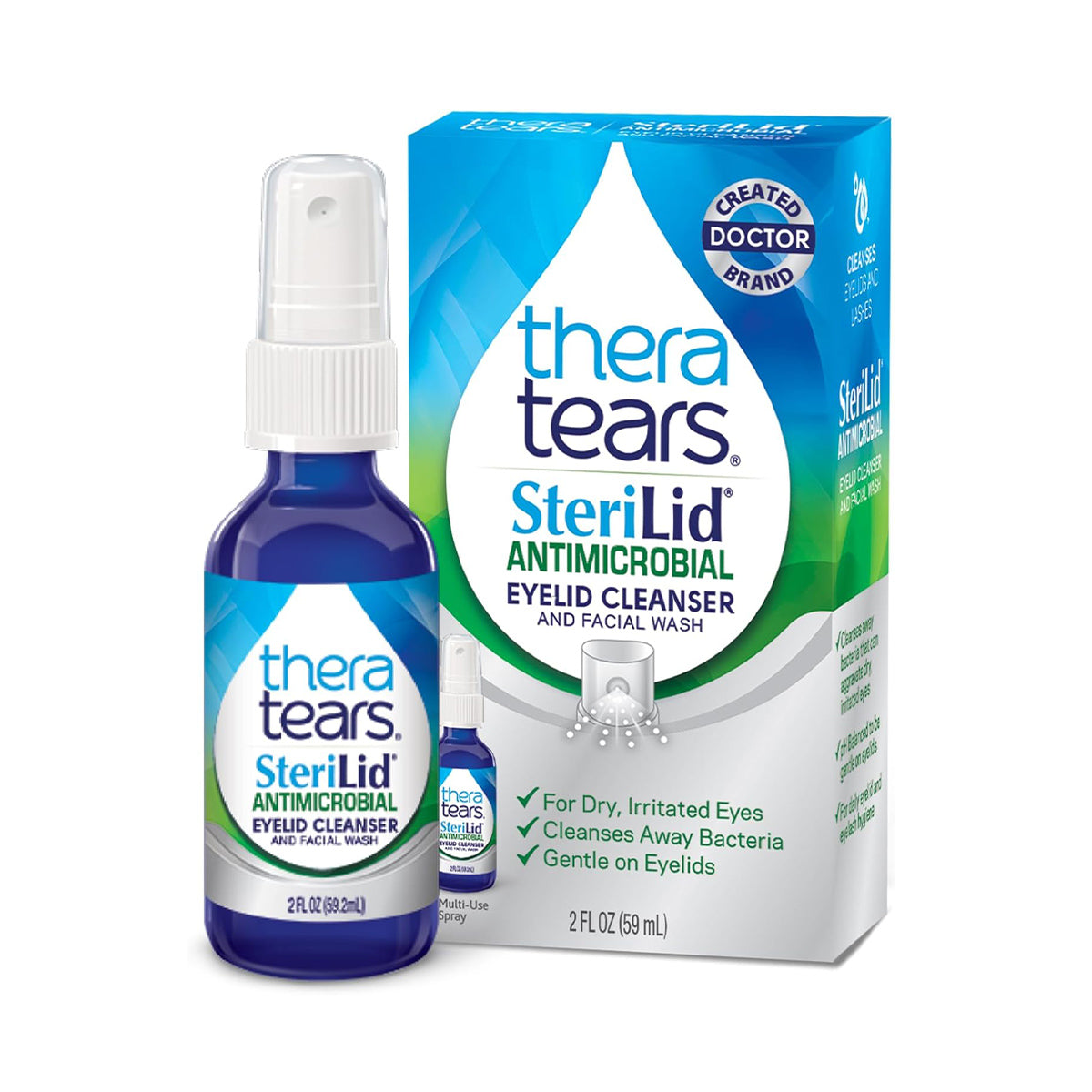 The TheraTears SteriLid Antimicrobial Eyelid Cleanser, (2 fl oz Spray), uses hypochlorous acid to support ocular health for dry, irritated eyes, effectively cleansing bacteria while being gentle on your eyelids.