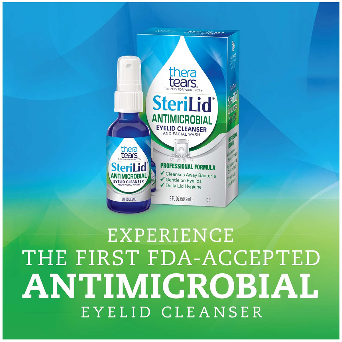 Image of TheraTears SteriLid Antimicrobial Eyelid Cleanser box and 2 fl oz spray bottle on a blue-green gradient background. Text reads: Discover the first FDA-accepted eyelid cleanser with hypochlorous acid for optimal ocular health.