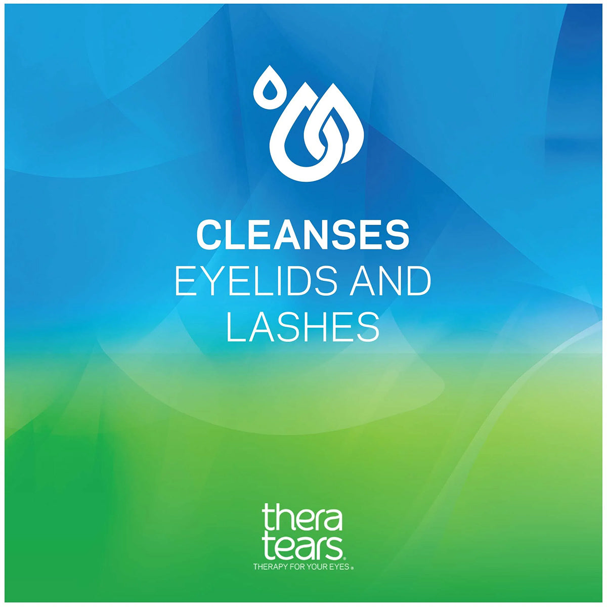 A blue-green gradient graphic features a droplet icon, with CLEANSes EYELIDS AND LASHES text. The Thera Tears logo and THERAPY FOR YOUR EYES tagline emphasize TheraTears SteriLid Antimicrobial Eyelid Cleansers role in ocular health.
