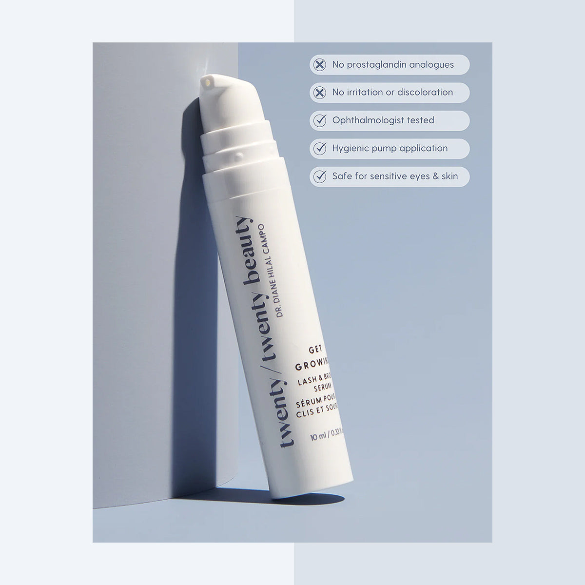 The image features a white bottle of Twenty/Twenty Beautys Soothing Eye Duo, including the Get Growing Lash Serum with a hygienic pump. Set against a white and light blue gradient background, it highlights safety for sensitive eyes and skin, emphasizing ocular health commitment.