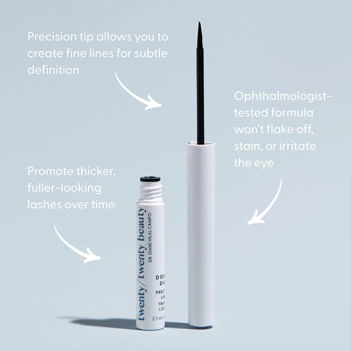 A white tube of Twenty Twenty Double Duty Precision Eyeliner (Pitch Black) 2.7mL with a precision brush highlights: Precision tip for fine lines, Ophthalmologist-tested formula with eye-safe ingredients, and Promote fuller-looking lashes. Set on a light blue background.
