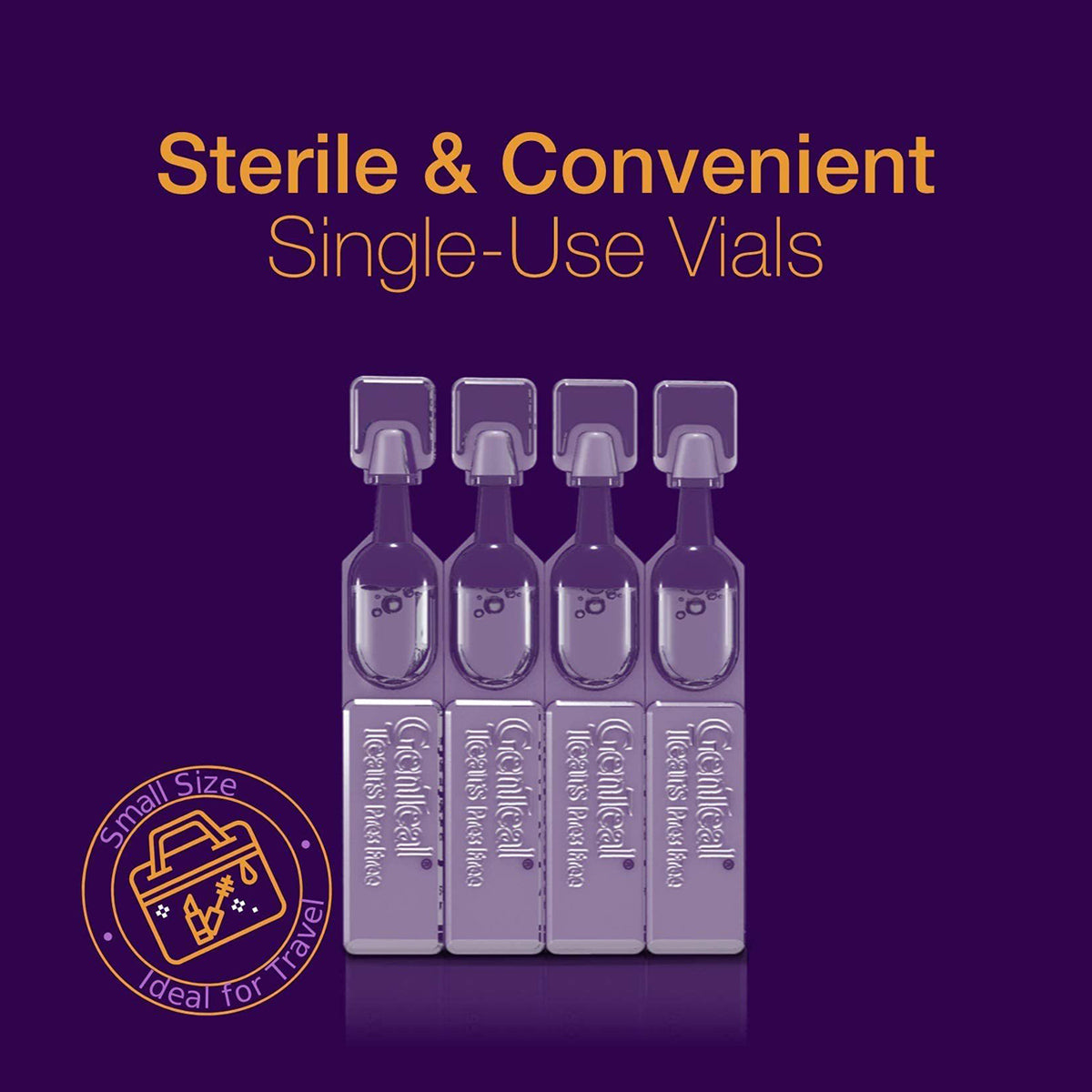 Against a dark purple background, four GenTeal Tears Lubricant Eye Drops single-use vials by Alcon display the text Sterile & Convenient Single-Use Vials in yellow for dry eye relief. A suitcase icon with a circular badge states Small Size Ideal for Travel.