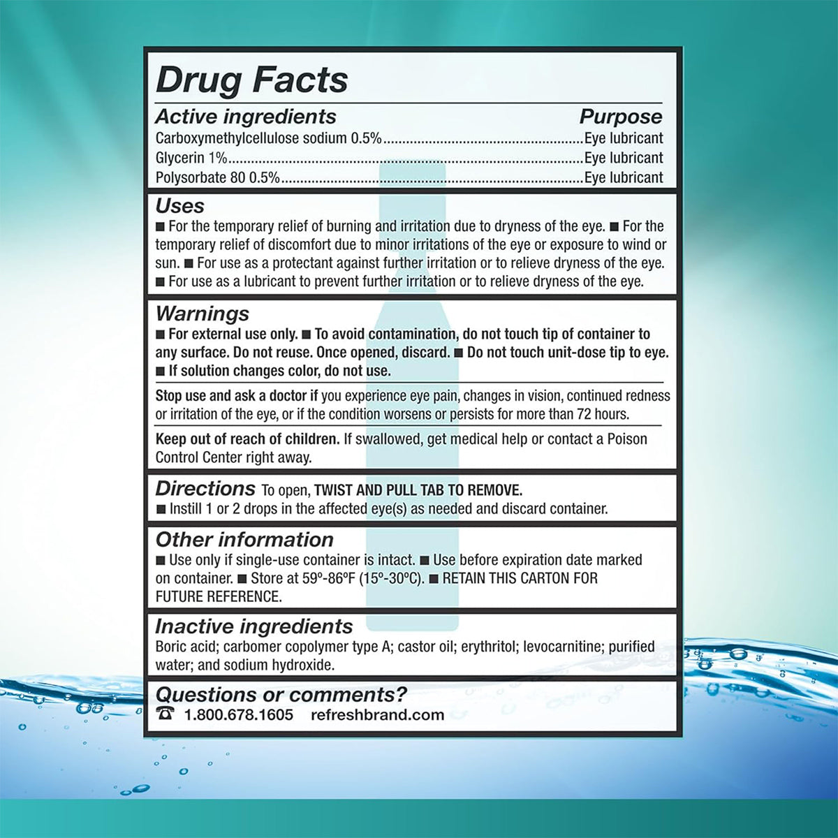 The image shows a detailed Drug Facts label for Abbvies Refresh Digital Preservative Free eye drops, emphasizing fast-acting hydration. It details active ingredients, uses, warnings, directions, and storage instructions on a water droplet backdrop.