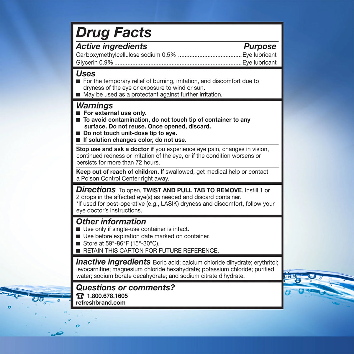 The image displays the detailed drug facts label for Abbvies Refresh Optive Lubricant Preservative Free Eye Drops with HydroCell™ technology, highlighting active ingredients, warnings, directions, storage instructions, and inactive ingredients against a calming blue gradient and water ripple backdrop.