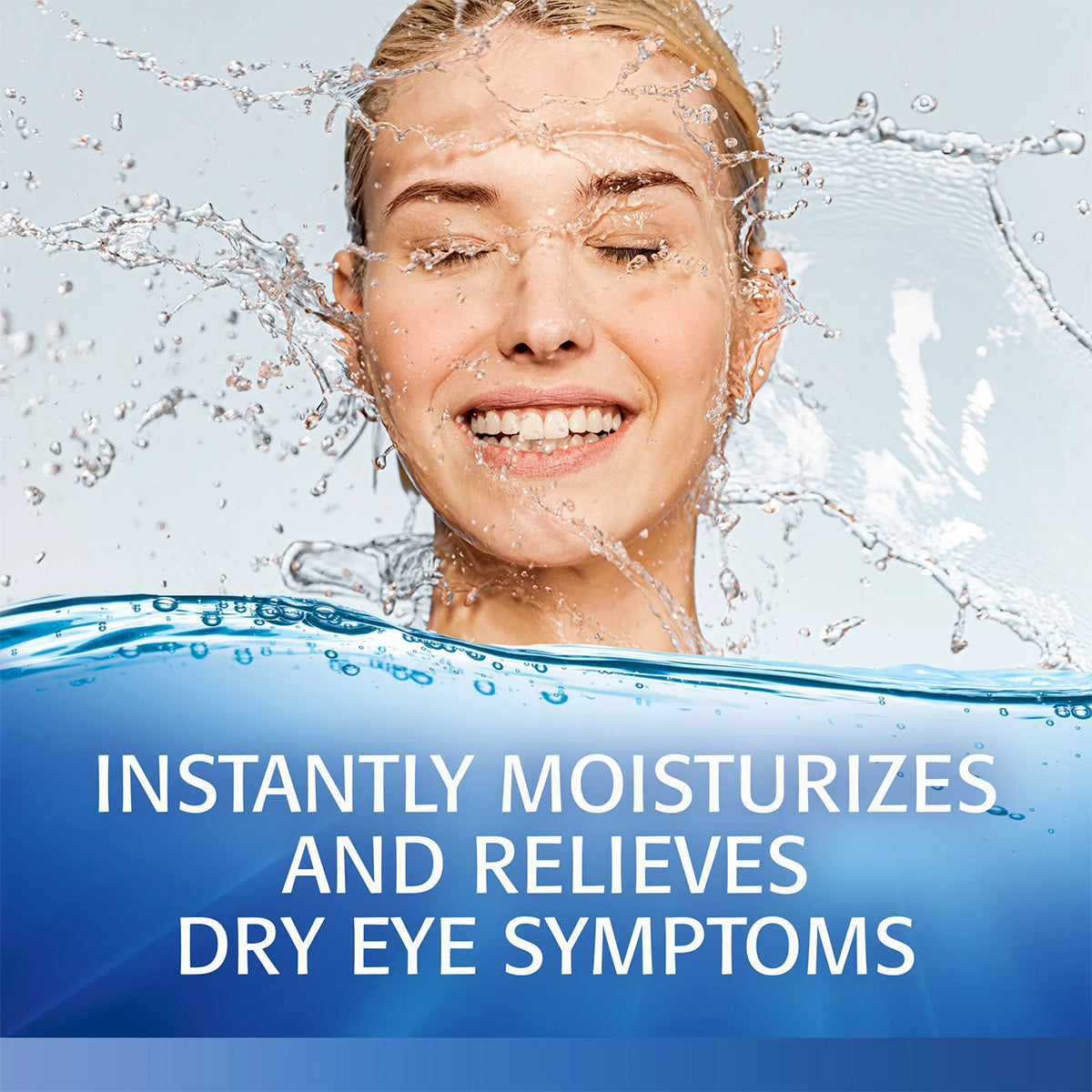 A smiling person with closed eyes is splashed with water. Below, text reads: Refresh Optive Lubricant Preservative Free Eye Drops by Abbvie instantly moisturizes and relieves dry eye symptoms with Hydrocell™ technology, on a blue background.