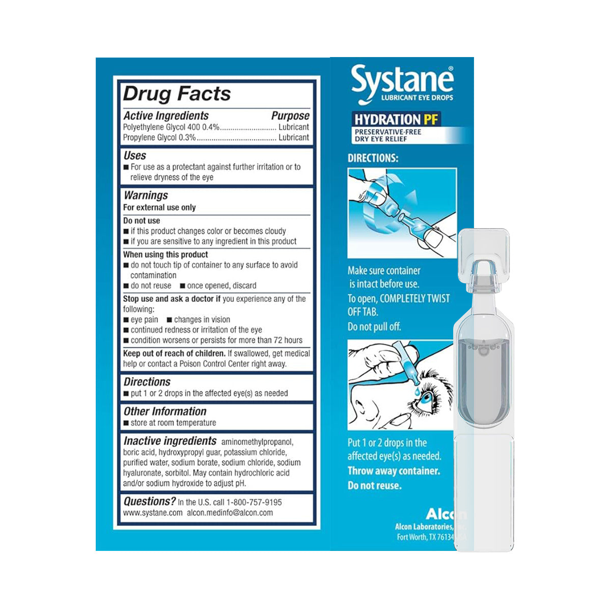 Image of Alcons Systane Hydration Preservative-Free Lubricant Eye Drops, 30ct Vials, highlighting sodium hyaluronate. The packaging includes drug facts, active ingredients, purpose, directions for use, and illustrations for opening and applying the drops.