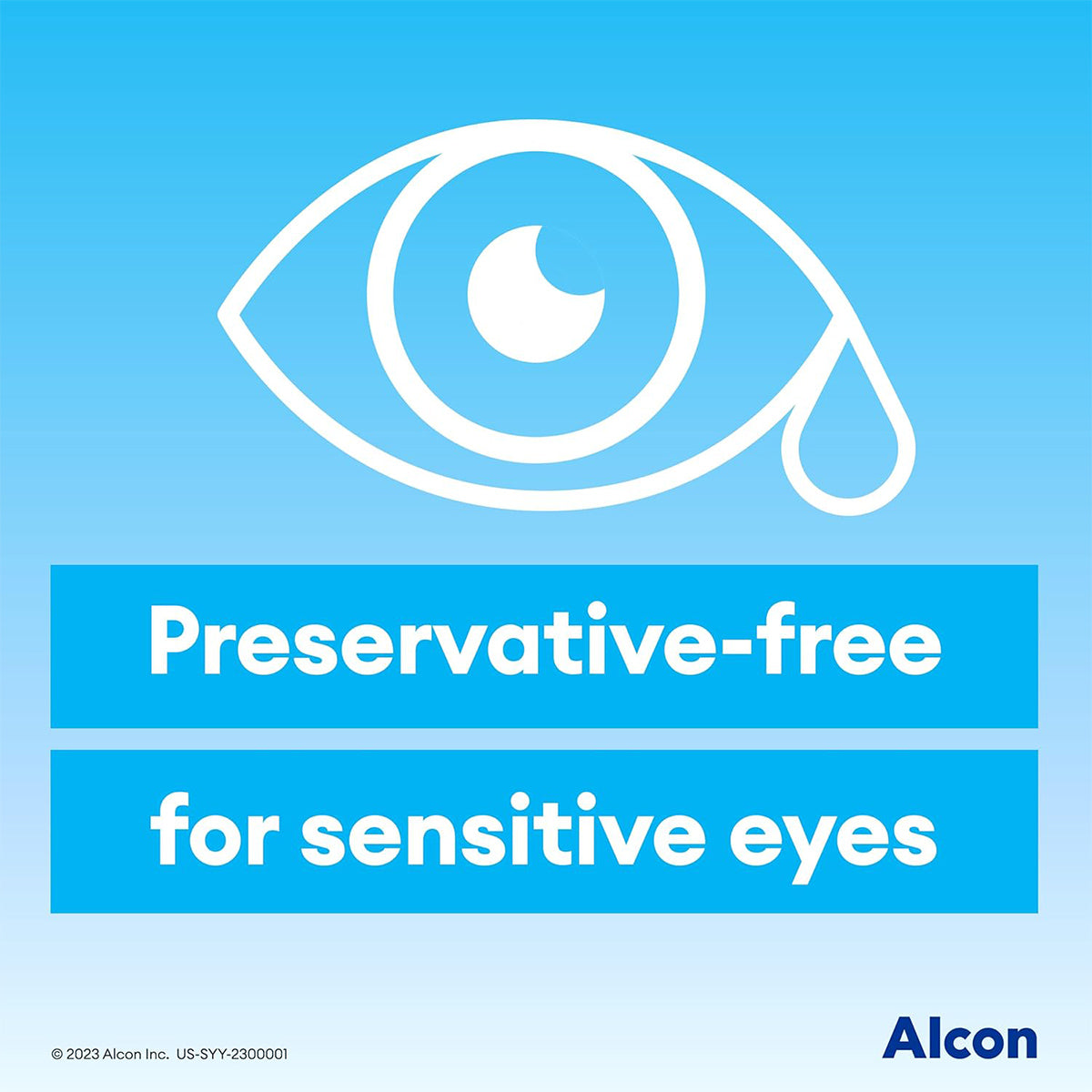 A blue background with a white outline of an eye and teardrop highlights Preservative-free for sensitive eyes. The Alcon logo in the lower right corner promotes Systane Hydration Preservative-Free Lubricant Eye Drops, offering gentle relief with sodium hyaluronate.