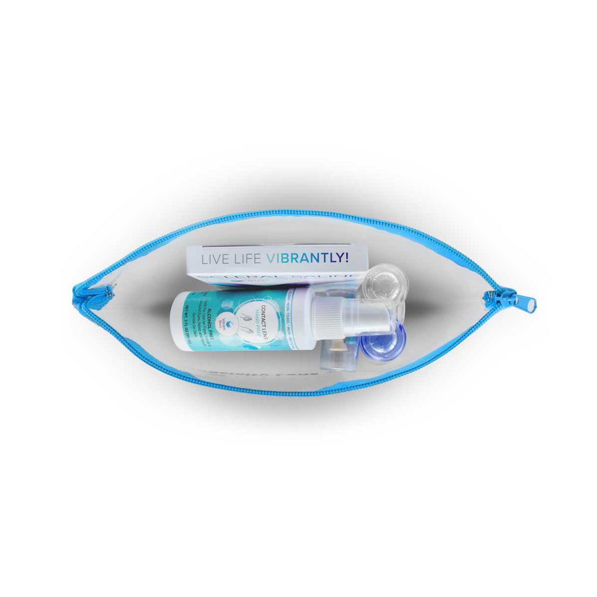 A top view of the Vibrant Vue Specialty Lens Starter Travel Kit by Visionary Optics shows a transparent toiletry bag with a blue zipper, containing a Handzies spray bottle, two small clear containers, and a Live Life Vibrantly! paper—great for scleral lens hand prep on-the-go.