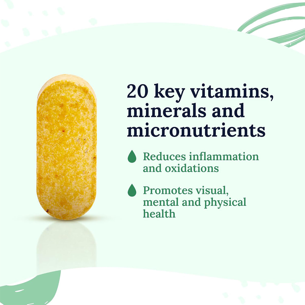 A yellow tablet from CorneaCares Multivitamin for Eyes, Mind, and Body (60ct - 1 Month Supply) is on the left. The text reads: 20 key vitamins, minerals and micronutrients, Reduces inflammation and oxidation, and Promotes visual, mental, and physical health. Green accents adorn the background.