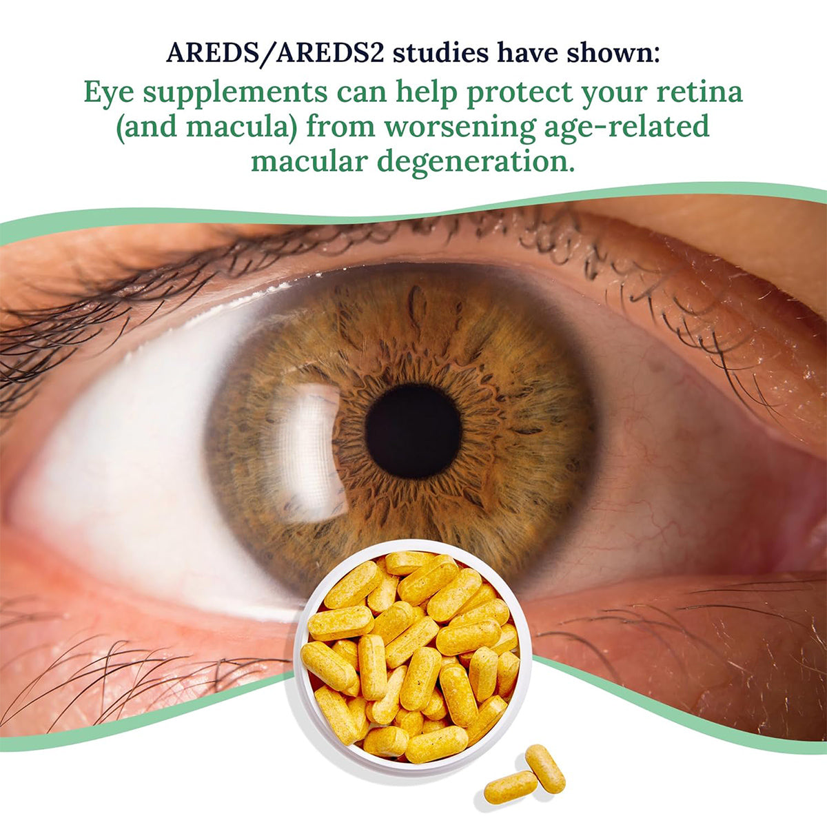 A close-up of an eye with text above reading, Studies show CorneaCare Multivitamin for Eyes, Mind and Body can help protect your retina (and macula) from worsening age-related macular degeneration. Below, yellow capsules in a small bowl promote visual health.