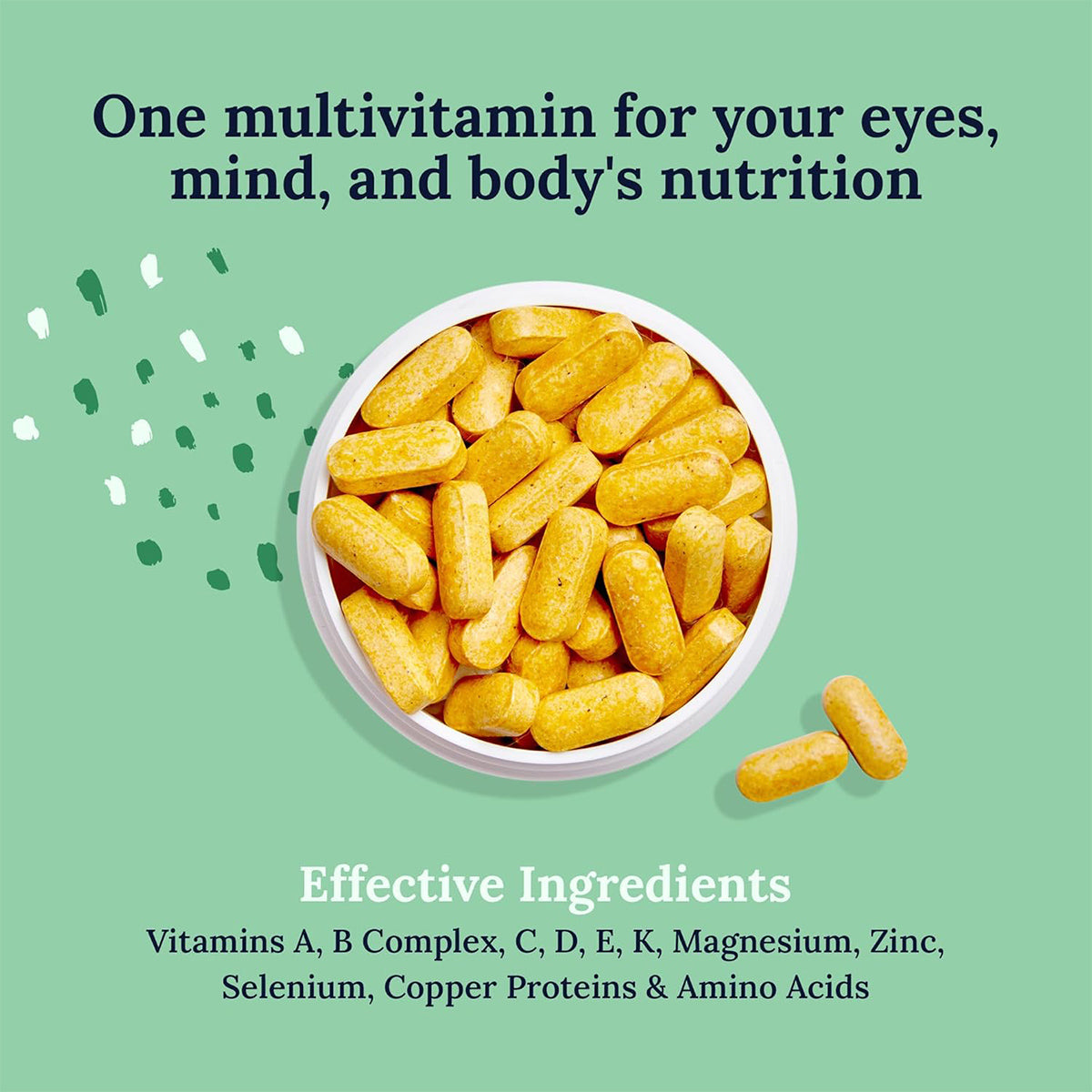 A bowl of CorneaCare Multivitamin for Eyes, Mind, and Body against a green backdrop features the text One multivitamin for your eyes, mind, and bodys nutrition, emphasizing essential vitamins like A, C, E for visual health support.