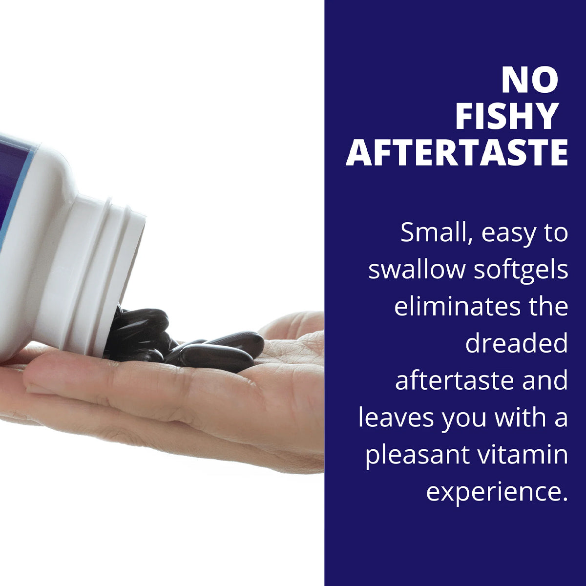 A hand holds Heyedrate Omega 3 For Eye Health softgels by PRN - Physician Recommended Nutriceuticals pouring from a bottle with NO FISHY AFTERTASTE. These small, easy-to-swallow softgels boost eye health and tear production while ensuring a pleasant, aftertaste-free vitamin experience.