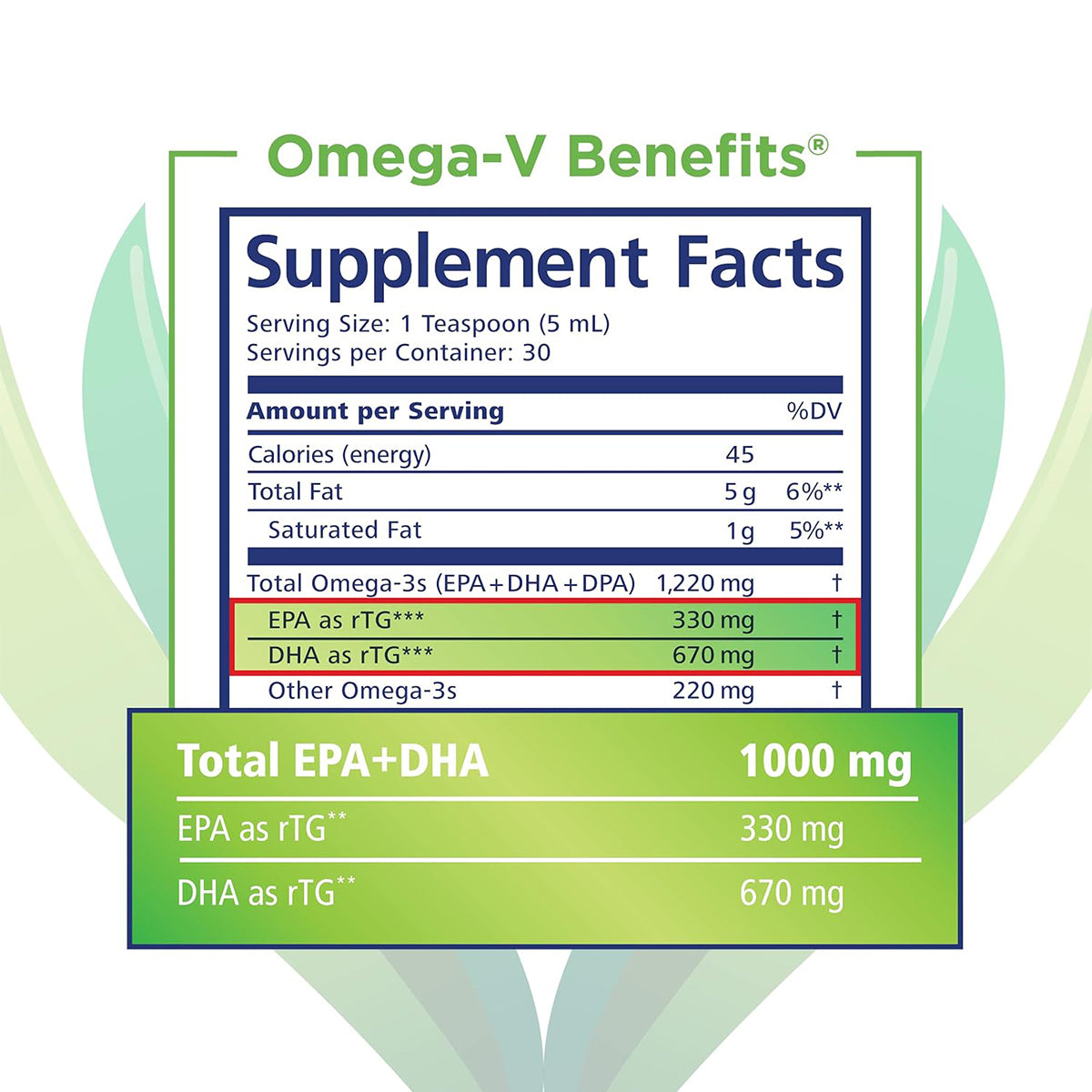 The image features a supplement facts label for PRN Omega-V Benefits Liquid (5 oz) by PRN, showcasing 1,000 mg of DHA and EPA from algae oil. A green leaf design highlights omega-3 benefits for eye health, alongside serving size, calorie count, and fat content details.
