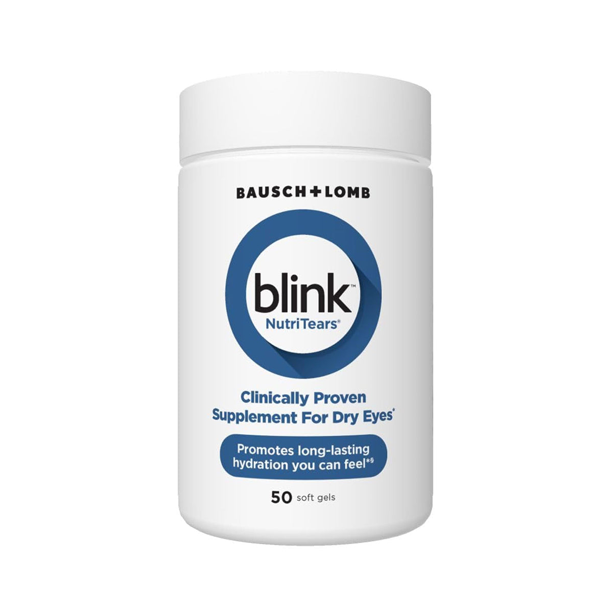 Bausch + Lombs Blink NutriTears supplement for dry eyes offers a 2-month supply of 50 softgels. The white bottle with blue text enhances tear production and ensures lasting hydration. Clinically proven for dry eye relief.