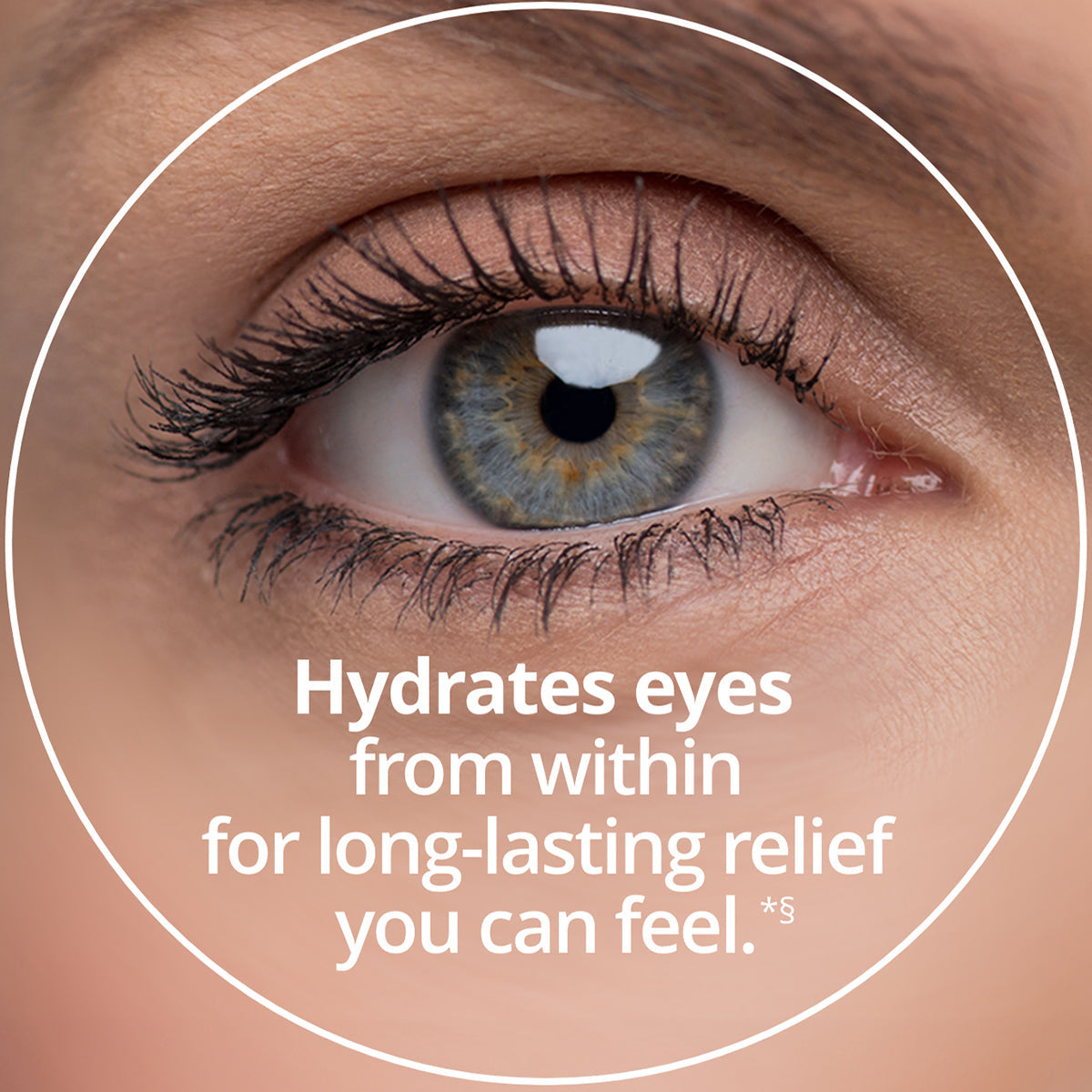 A close-up of an eye with natural makeup is surrounded by text: Blink NutriTears by Bausch + Lomb—clinically proven to hydrate from within, offering long-lasting relief and boosting tear production naturally. A white circular border encases the eye.
