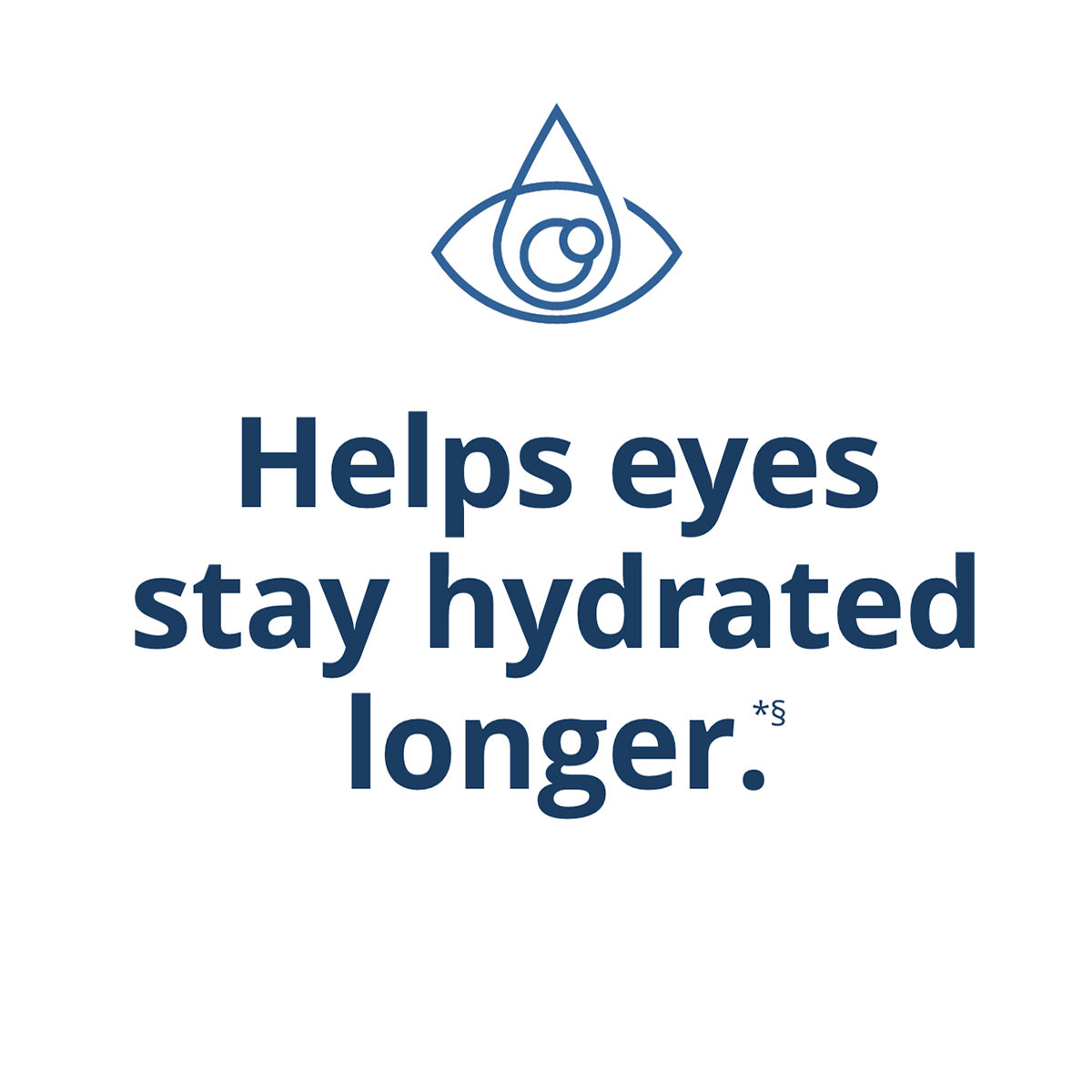 The minimalist design displays a blue eye icon at the top, with bold blue text stating, Clinically Proven to help eyes stay hydrated longer, accompanied by an asterisk and symbol. The background is white. The product is Blink NutriTears supplement for Dry Eyes by Bausch + Lomb (50 Softgels - 2 Mo Supply).