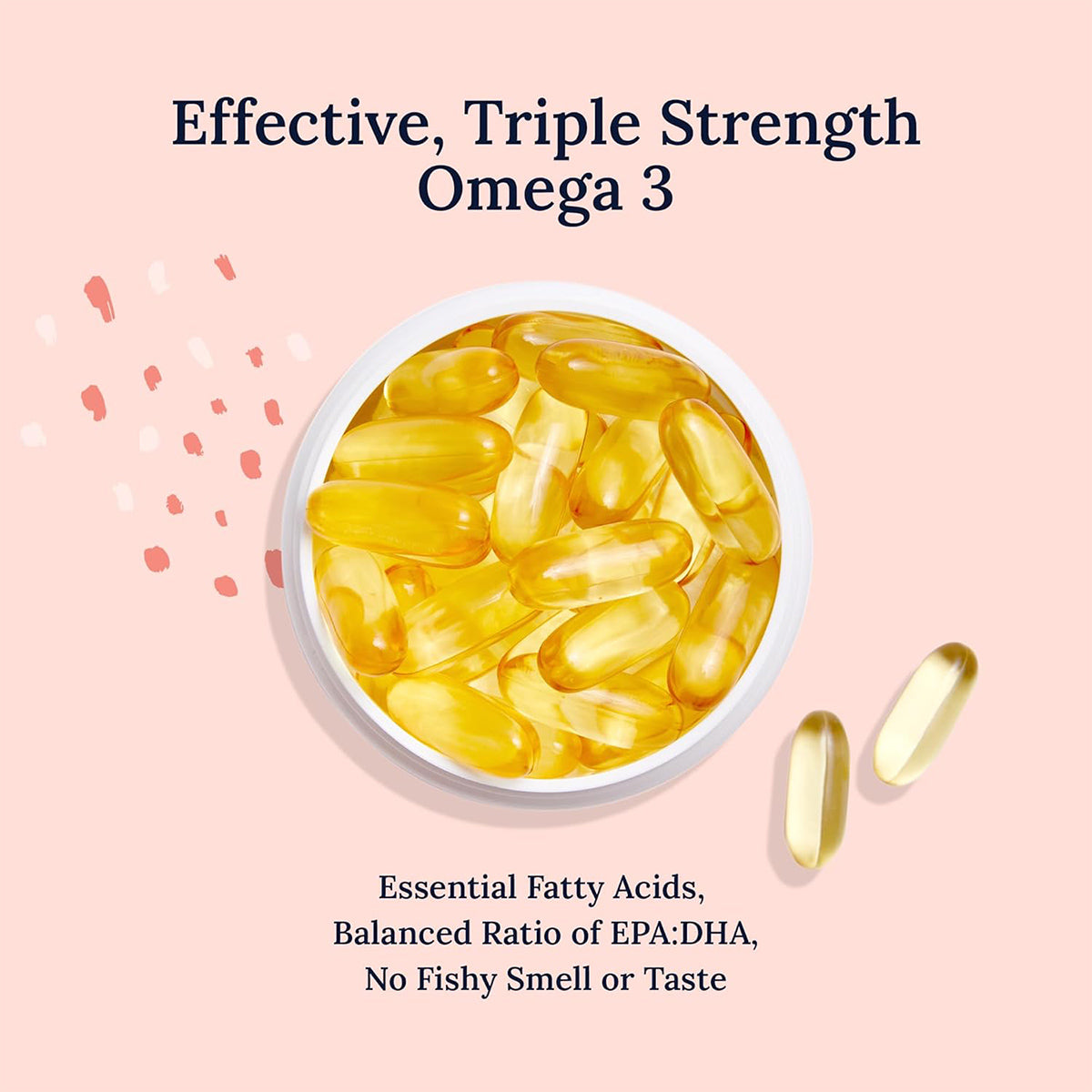 A bowl full of CorneaCare Triple Strength Omega 3 Fish Oil pills sits on a light pink background. Above, the text reads, Effective, Triple Strength Omega 3. Below, it highlights benefits: Essential Fatty Acids, Balanced EPA:DHA Ratio, No Fishy Smell or Taste, offering relief for dry eyes.