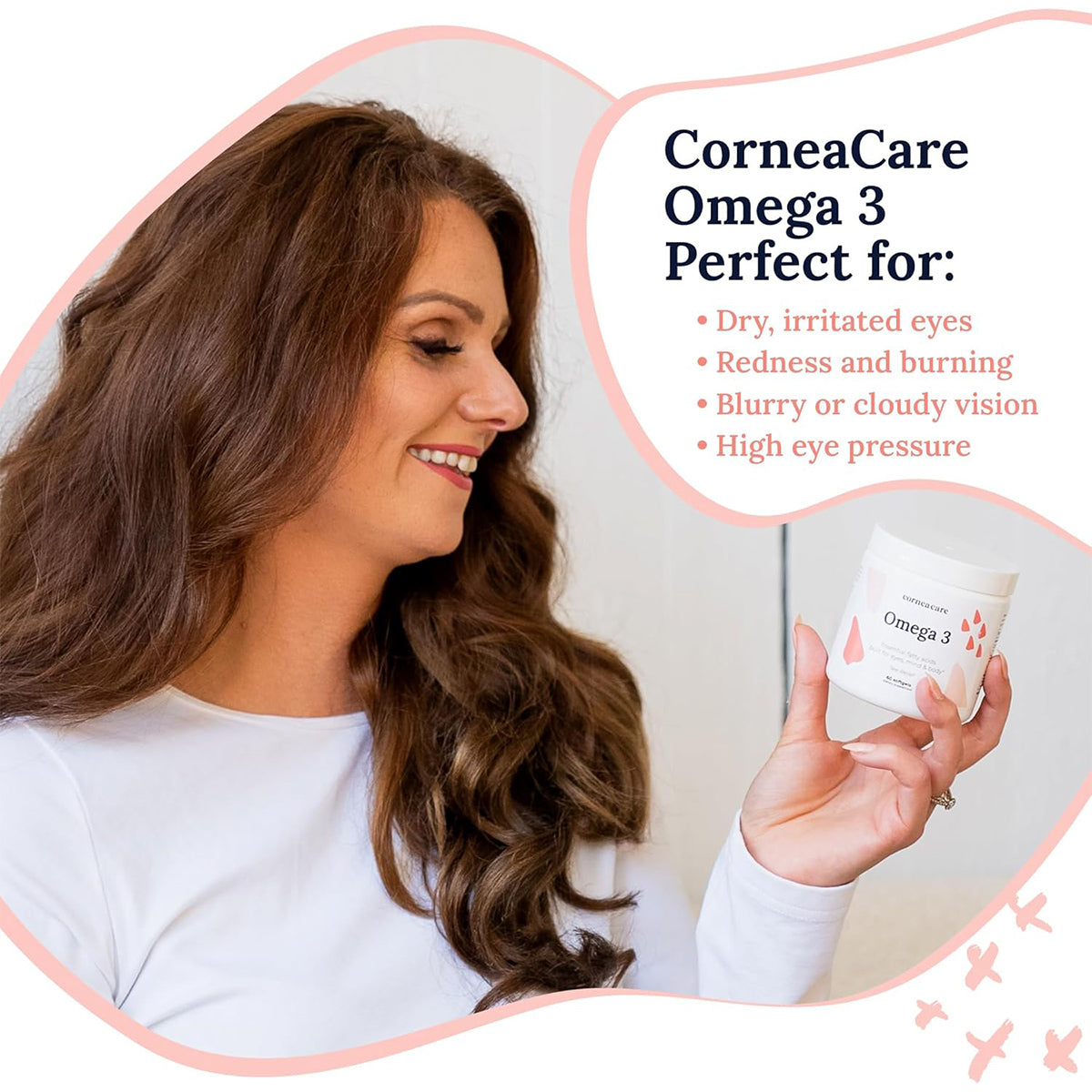 A woman with long brown hair smiles holding CorneaCare Triple Strength Omega 3 Fish Oil. Text beside her reads: Ideal for dry, irritated eyes, redness, burning, blurry vision, or high eye pressure—your ultimate dry eye relief.
