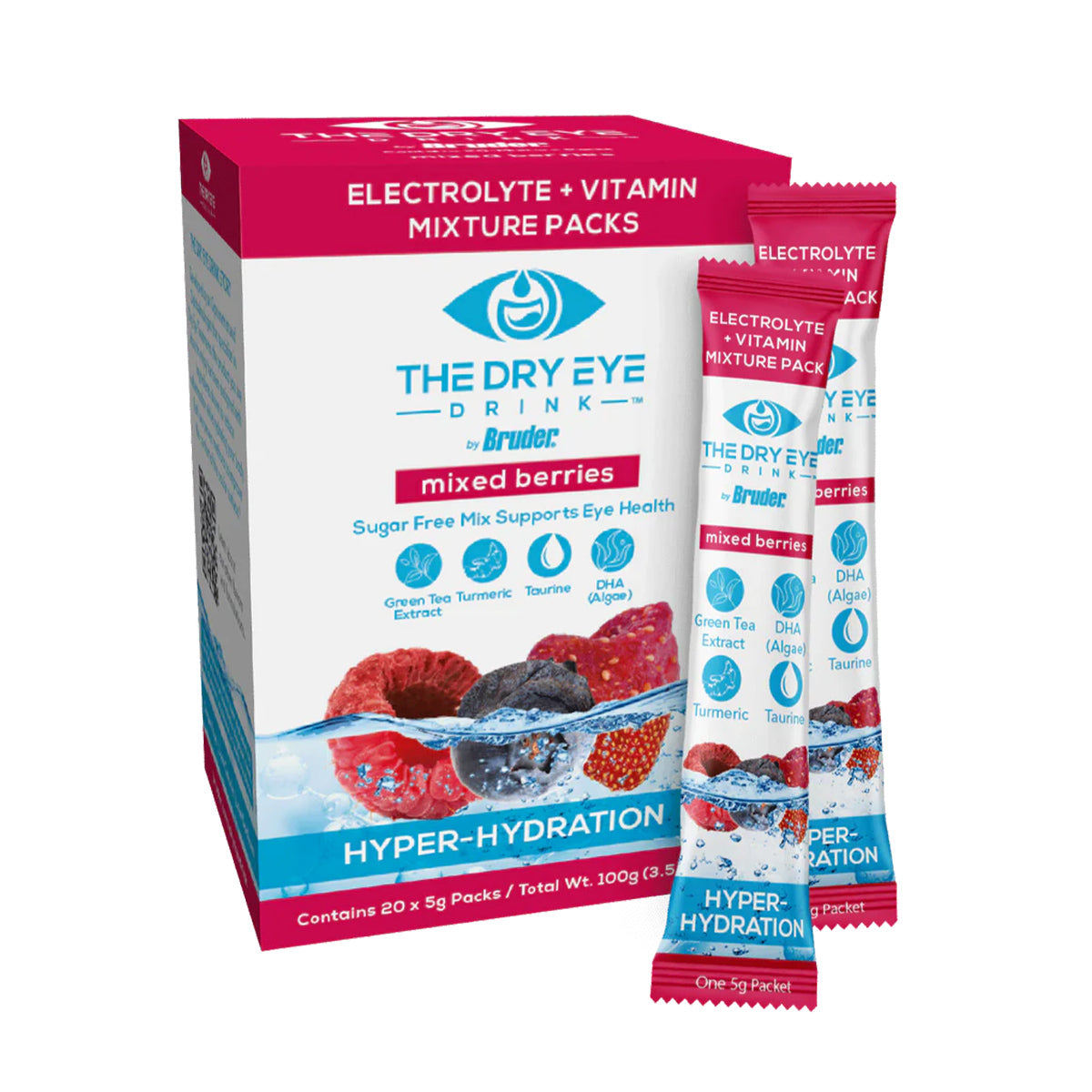 Bruders Dry Eye Drink™ Daytime in Mixed Berries flavor comes in a box of 20 packets featuring eye health benefits, electrolyte and vitamin support, sugar-free ingredients, and DHA, with vibrant blueberry and raspberry imagery.