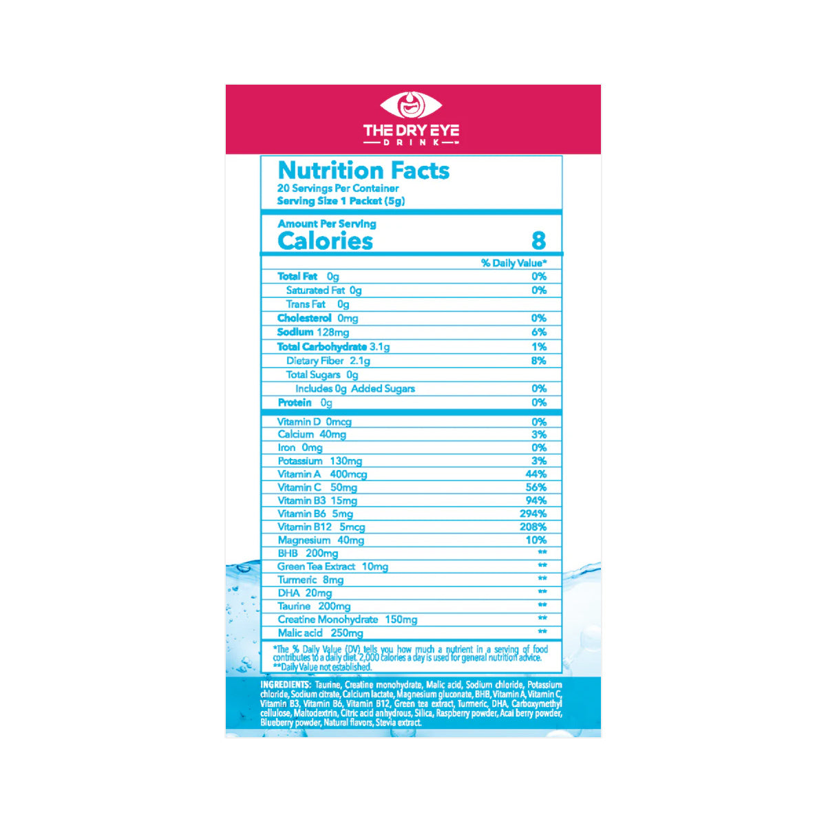 The Dry Eye Drink™ Daytime by Bruder, a doctor-formulated electrolyte hydration mix, enhances eye health with a nutrition label covering calories, fat, sodium, carbs, protein, and vitamins. Ingredients include acids, sweeteners, and oils to support eye health and relieve dry eyes.