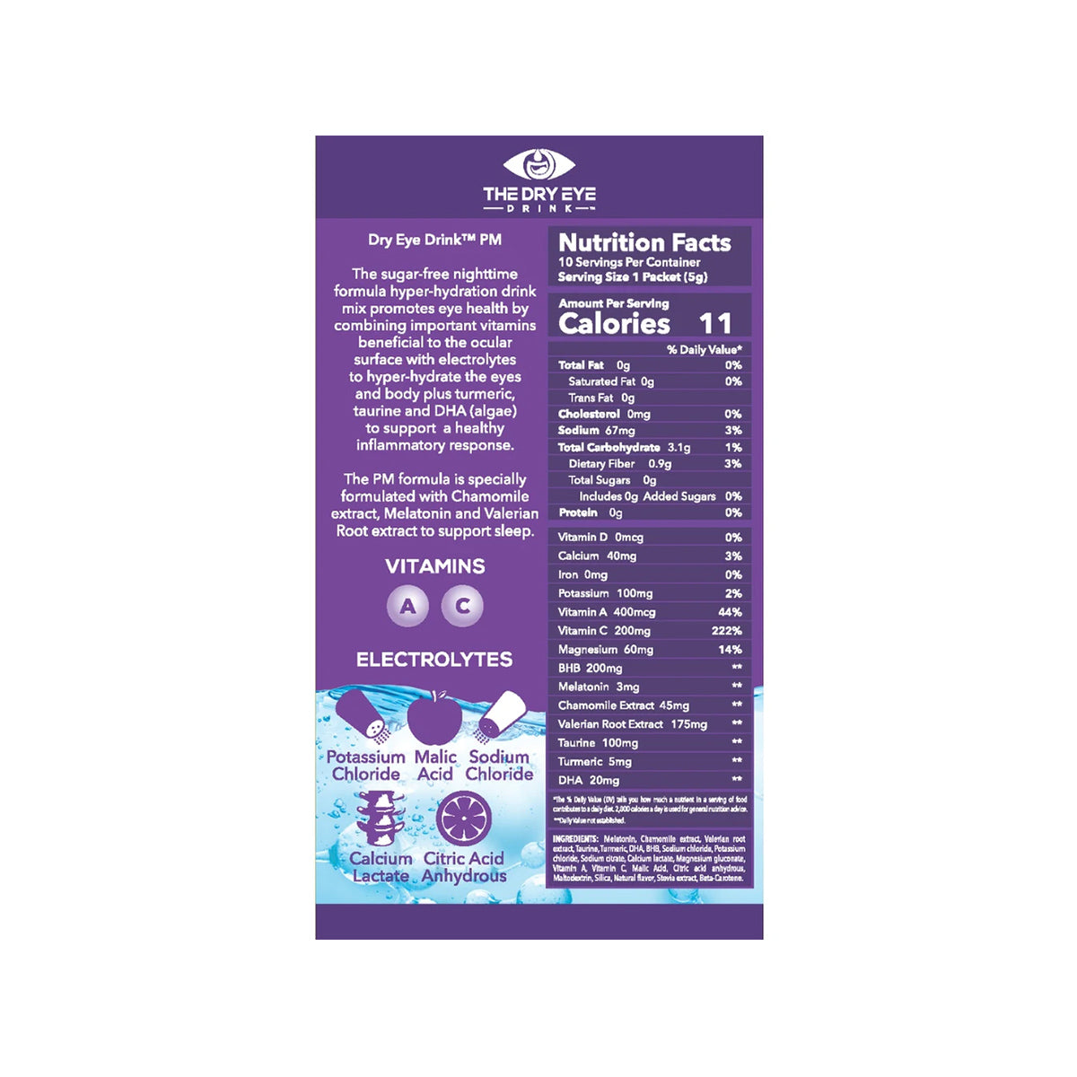 The Bruder Dry Eye Drink™ Daytime comes in a purple rectangular box, promoting eye health with vitamins A and C, potassium, sodium, melatonin, and chamomile extract. Its sugar-free with only 11 calories per serving and offers mixed berries flavor in 20 packets.