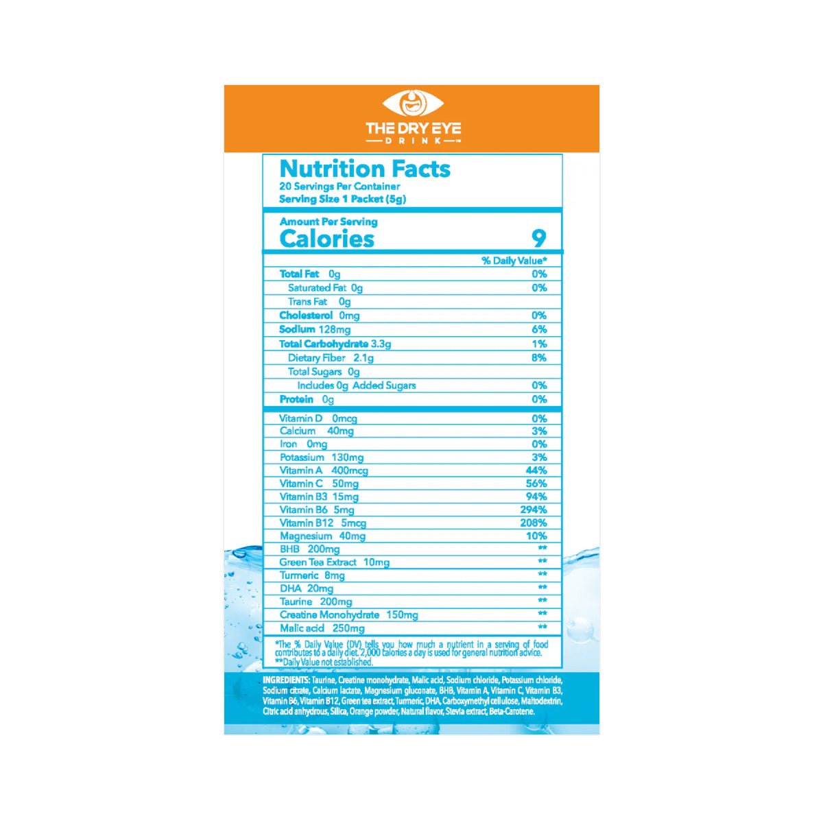 The nutrition facts label for Bruders Dry Eye Drink™ Daytime – Doctor-Formulated Electrolyte Hydration for Eye Health (Orange, 20 Packets) indicates 20 servings of 7g each, with 9 calories. It includes details on fats, cholesterol, sodium, carbs, sugars, protein, and vitamins like zinc and magnesium for dry eye relief.