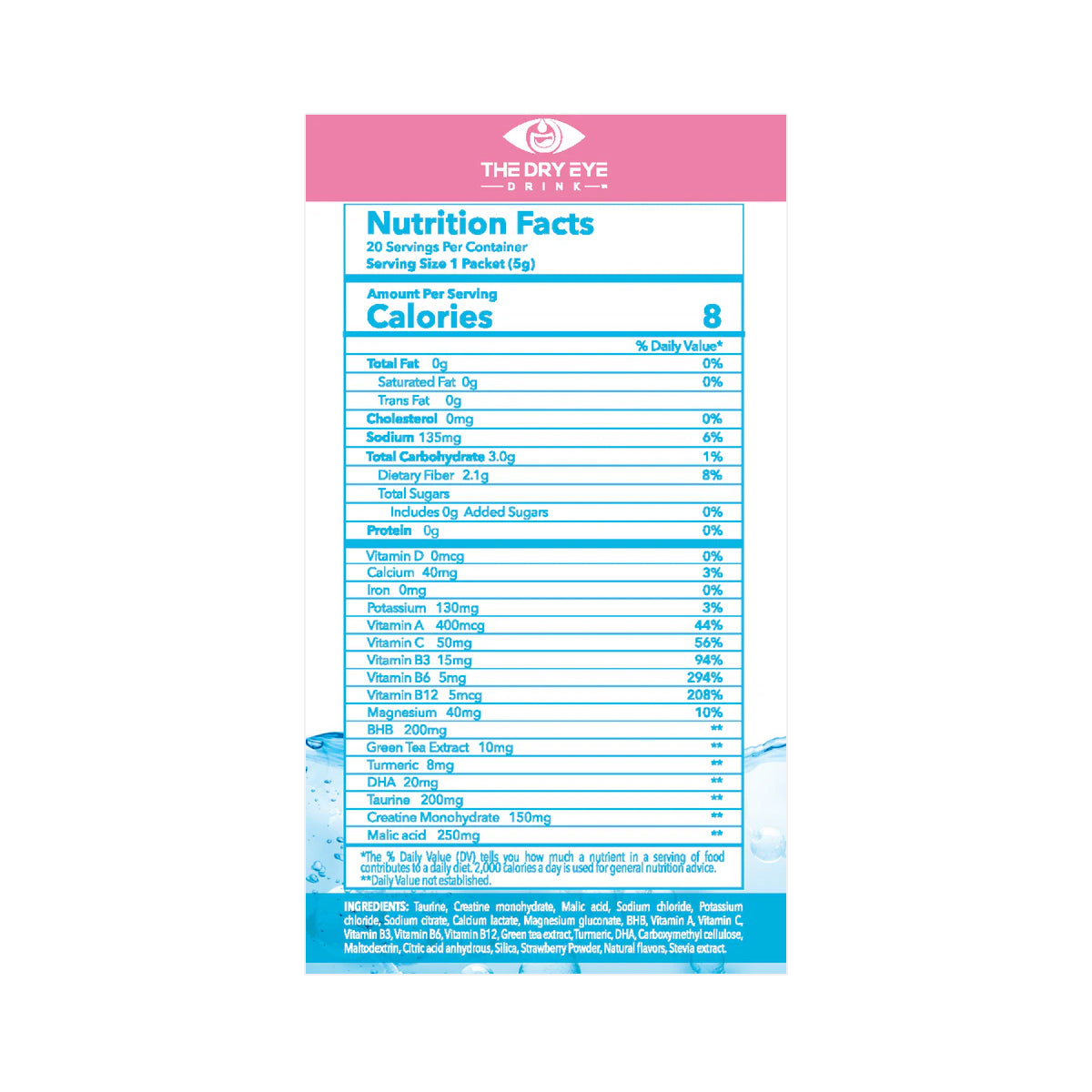 The nutrition label for Bruders Dry Eye Drink™ Daytime (Strawberry Lemonade) highlights 8 calories per serving, with 0g total fat, cholesterol, sugars, and proteins. Its enriched with vitamins A, C, D, E, and B-complex for eye health and dry eye relief. Ingredients and contact details are provided below.