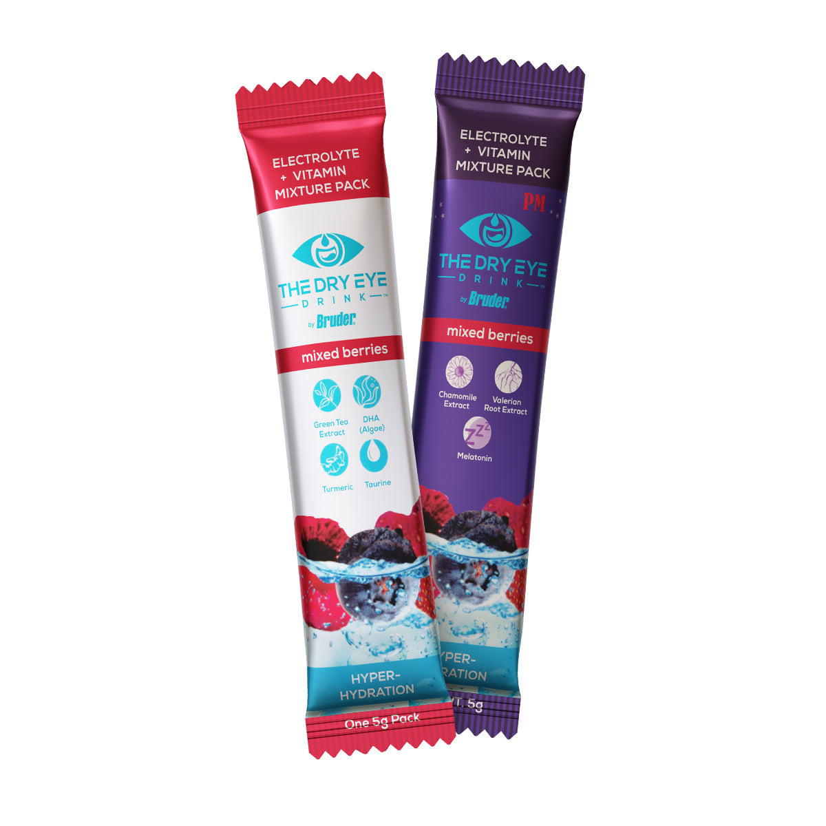 Bruders Dry Eye Drink™ Complete Set includes two Mixed Berries and Night Hydration day-and-night hydration packets for dry eyes. Red is mixed berries, turmeric, taurine; purple is elderberry, hibiscus for night use. Ideal for hyper-hydration, relaxation, and eye health. Comes with 10 of each in a 20 packet set.