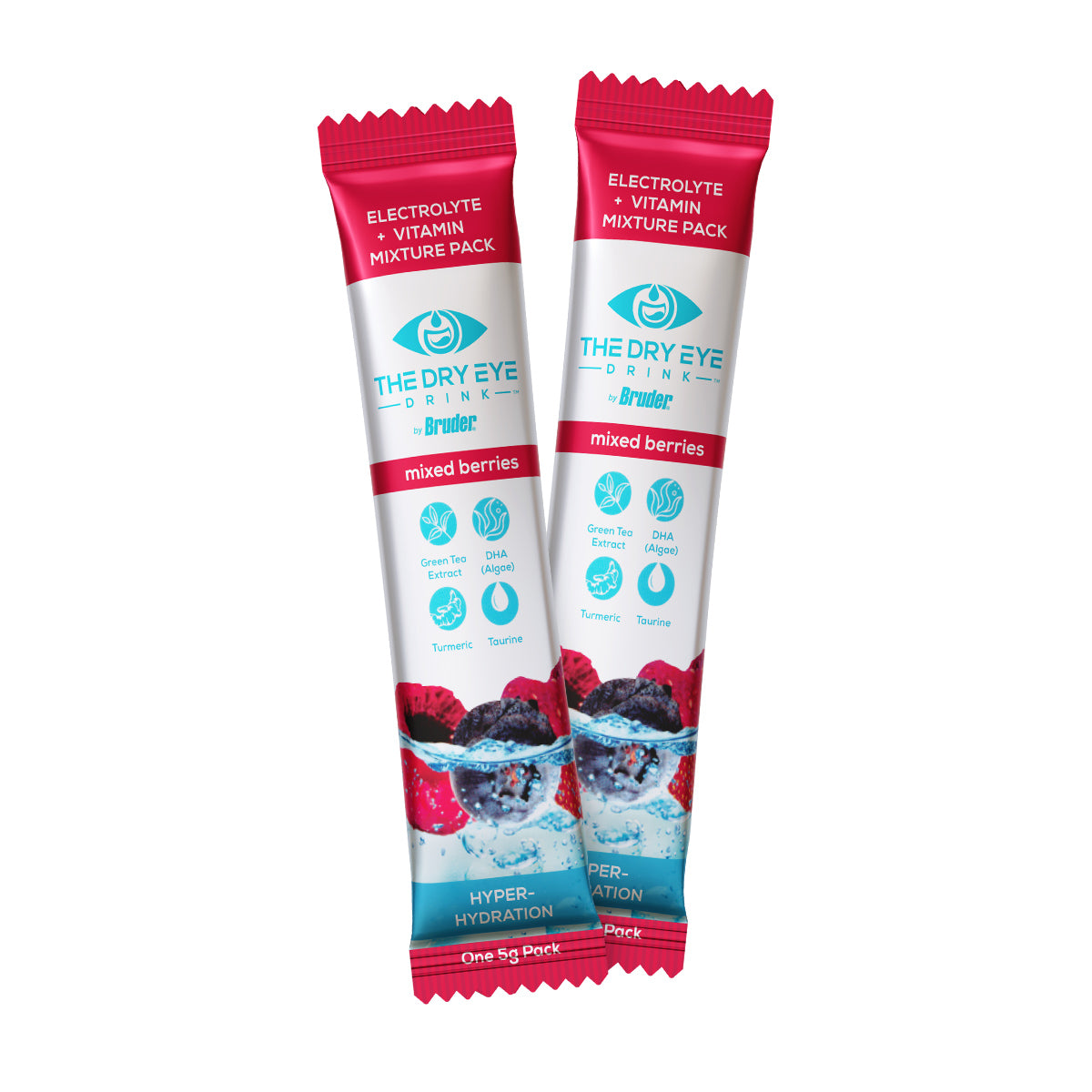 Two sachets of Bruders Dry Eye Drink™ Daytime electrolyte hydration mix (Mixed Berries, 20 packets) feature vibrant berries and benefits like lutein, turmeric, and taurine for hyper-hydration, dry eye relief, and optimal eye health.