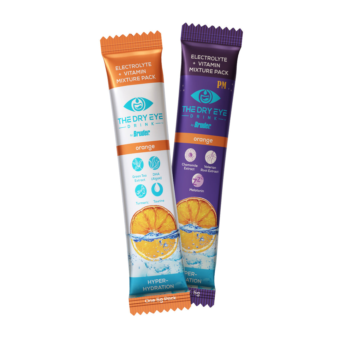 The Dry Eye Drink™ Complete Set by Bruder includes two 10-packet mixes in orange flavor: the AM pack with an orange design and the PM pack styled in purple, both emphasizing hydration for dry eye with an image of an orange slice splashing in water.
