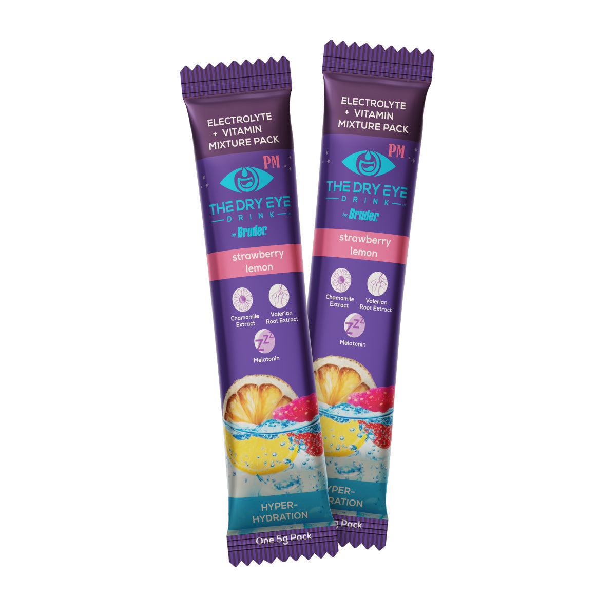 Two packets of Bruders Dry Eye Drink™ Daytime, an eye health electrolyte mix. The packaging is purple and blue with lemon and strawberry art, highlighting Electrolyte + Vitamin Mixture Pack, Strawberry Lemon, and ingredients like chamomile and rose extract.