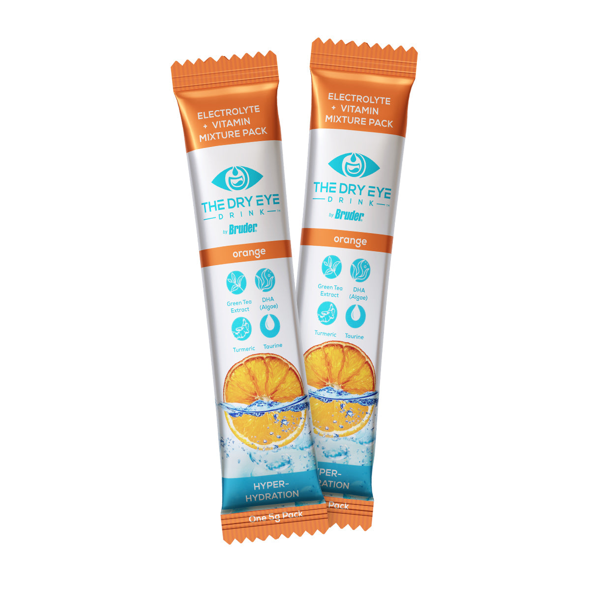 The Dry Eye Drink™ Daytime by Bruder features two orange and white packets with an orange slice over water splash, offering Electrolyte + Vitamin Mixture Pack using green tea, turmeric, and ginger. This orange-flavored drink is ideal for hydration and eye health.