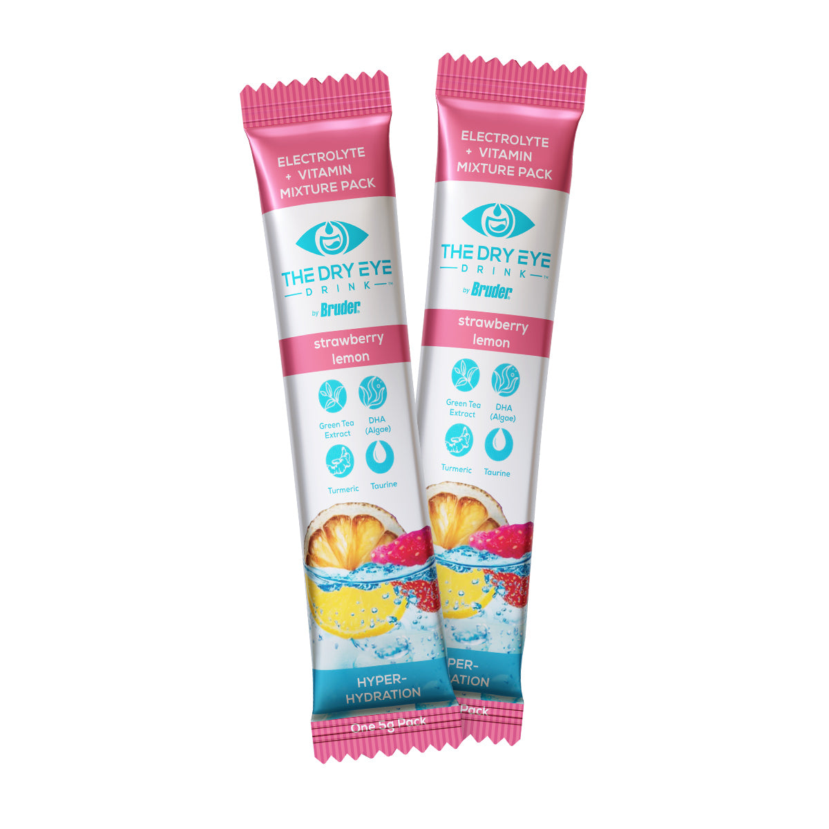 Two Dry Eye Drink™ Daytime packets from Bruder in strawberry lemonade flavor provide super hydration and essential eye health benefits, including electrolytes, vitamin C, turmeric, and taurine for dry eye relief. The packaging showcases a vibrant pink and yellow design.