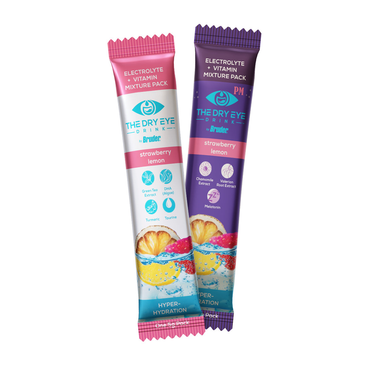 The Bruder Dry Eye Drink™ Complete Set includes AM and PM strawberry lemonade packets, accented in pink and purple, for hydration and dry eye relief. Each packet is rich in electrolytes and vitamins, featuring lemon slices, strawberries, and splashing water.