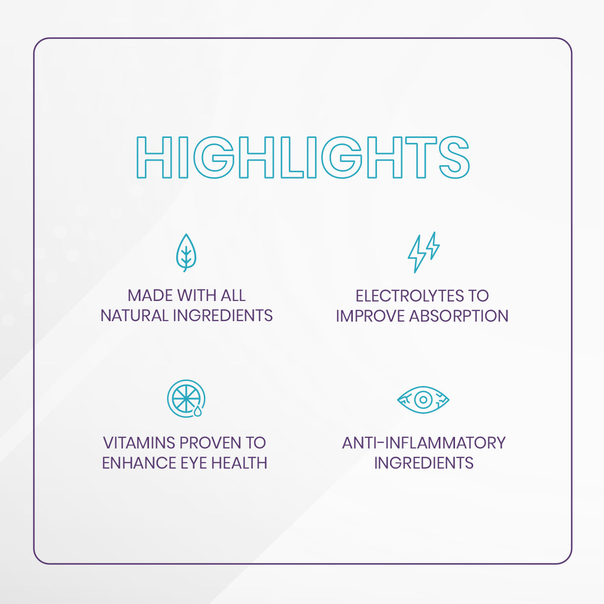 The Dry Eye Drink™ PM by Bruder offers nighttime hydration with natural ingredients, electrolytes for better absorption, vitamins to enhance eye health, hydration benefits, and anti-inflammatory components. Each feature is paired with an icon for easy identification.