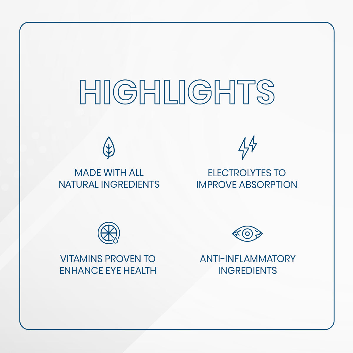 A square graphic titled Highlights for Bruders Dry Eye Drink™ Complete Set displays features: Made with all natural ingredients and a leaf icon, Electrolytes and vitamins for optimal absorption with a lightning icon, Vitamins proven to enhance eye health, and Anti-inflammatory ingredients for dry eye relief, with an eye icon.