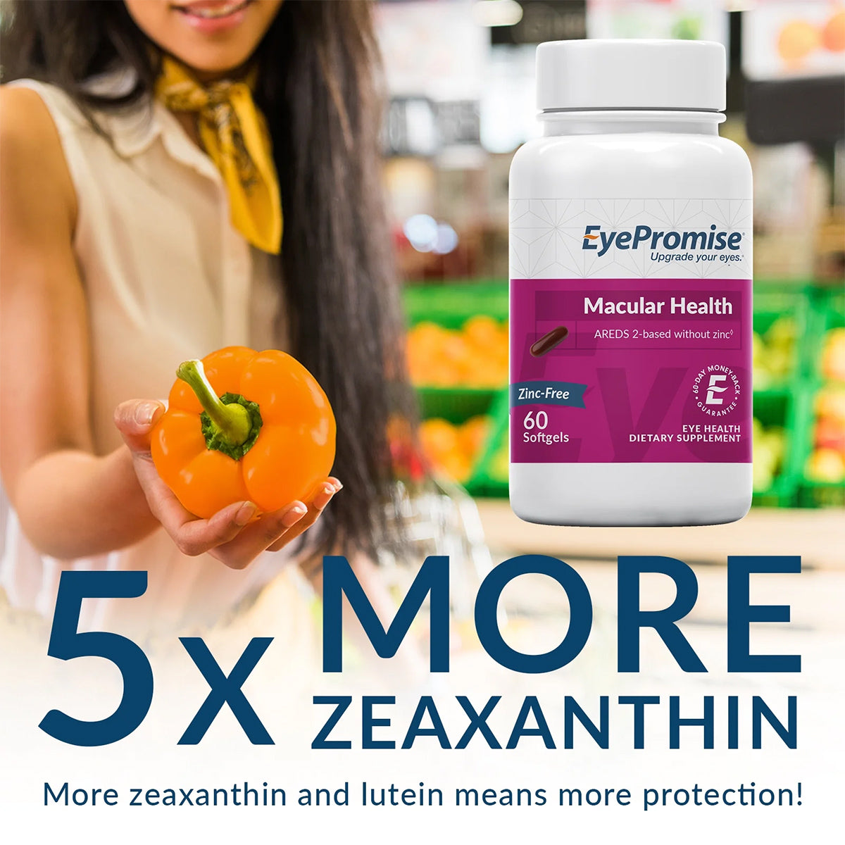 A person holds an orange bell pepper next to a bottle of EyePromise® Macular Health – Zinc-Free, AREDS2-based eye vitamins with Omega-3s and Vitamin D, featuring 5x More Zeaxanthin for enhanced age-related eye health. The bottle contains 60 softgels.