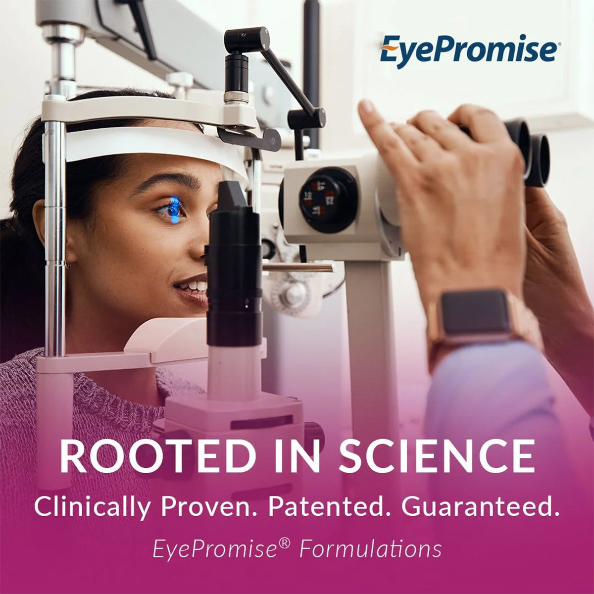 A woman has an eye exam with a vision testing machine. A blue light shines on her eye. The text reads: EyePromise® Macular Health – Zinc-Free AREDS2-Based Eye Vitamin with Omega-3s & Vitamin D for Aging Eyes, Clinically Proven for Age-Related Eye Health. A logo is at the top right.