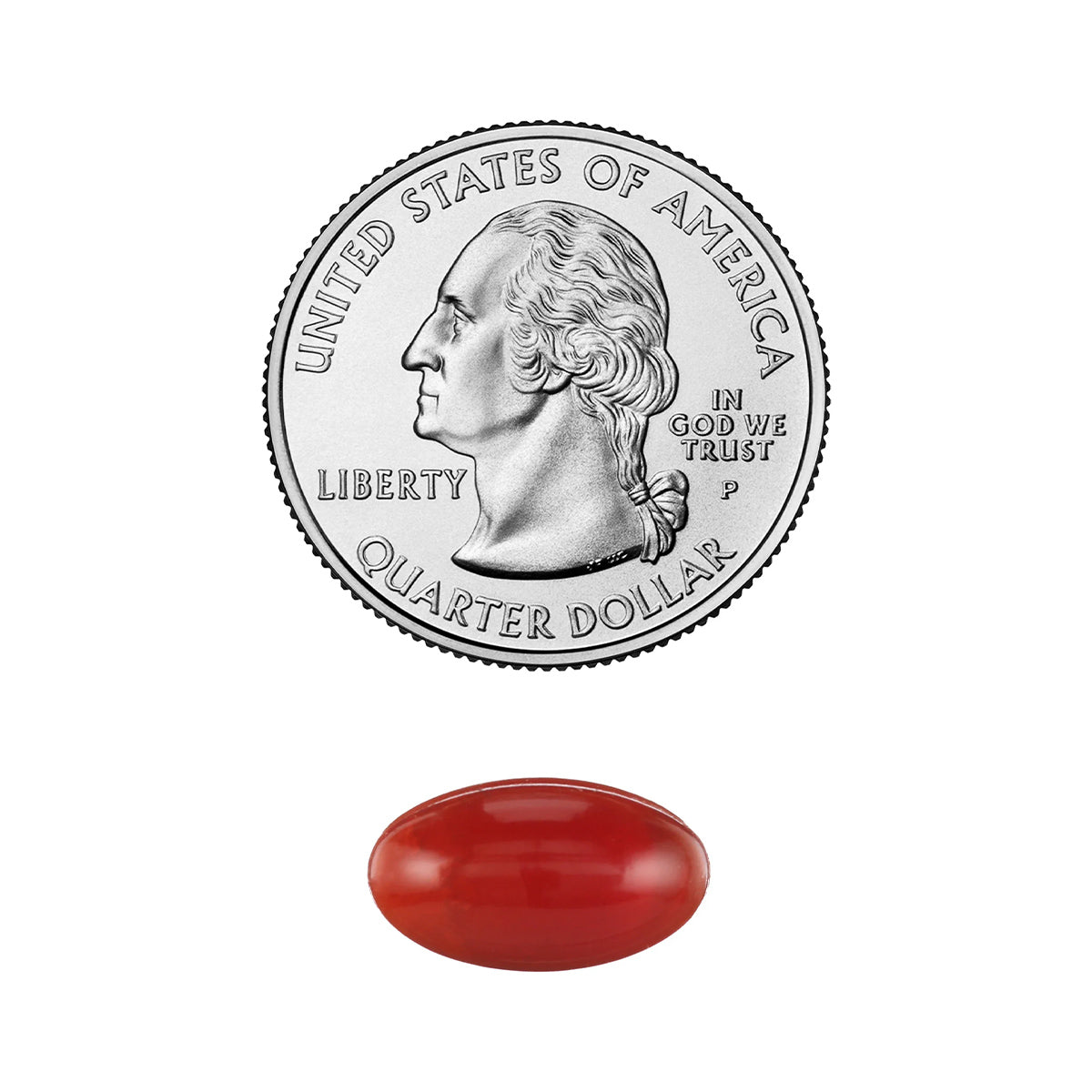 A U.S. quarter with George Washingtons profile is placed above an EyePromise Zeaxanthin + Lutein Eye Vitamin softgel. The coin is circular and silver, while the softgel, rich in lutein for eye health, is a small, smooth red oval and shiny.