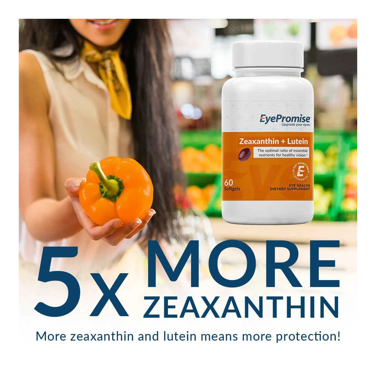 A woman holds a yellow bell pepper next to EyePromise Zeaxanthin + Lutein Eye Vitamin softgels. The image text states, 5x More Zeaxanthin. Enhance eye health with more zeaxanthin and lutein for superior protection from EyePromise!.