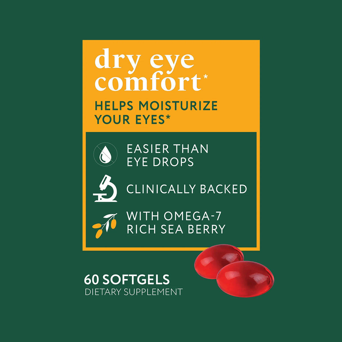 Eyetamins Dry Eye Comfort offers 60 easy-to-use red softgels in a green box, rich in omega-7 sea berry, providing clinically backed dry eye relief—an appealing alternative to eye drops.