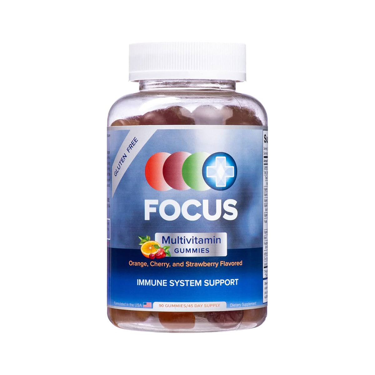 The blue-labeled Focus Multivitamin Gummies from Focus Vitamins, decorated with colorful health-themed circles, offer essential nutrients for immune health. Flavored in orange, cherry, and strawberry, theyre gluten-free with 90 gummies providing a 45-day supply of delicious support.