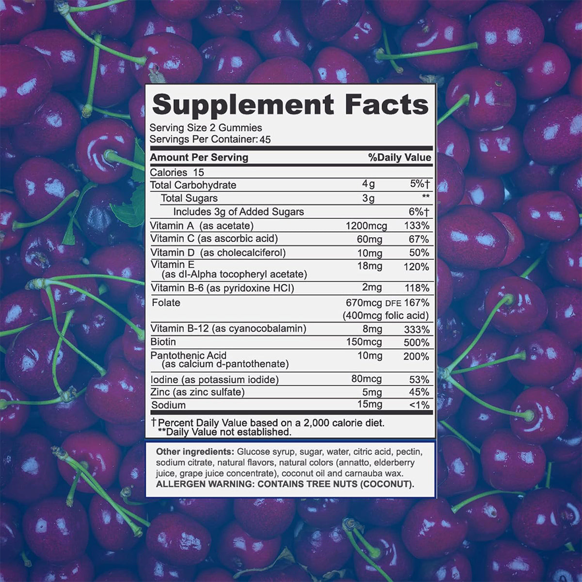 The supplement facts label for Focus Vitamins Focus Multivitamin Gummies, supporting overall health, is displayed on a cherry background. It specifies nutrients per two-gummy serving, including calories and vitamins like folate and B-12, alongside ingredients and allergy info to boost immune health.
