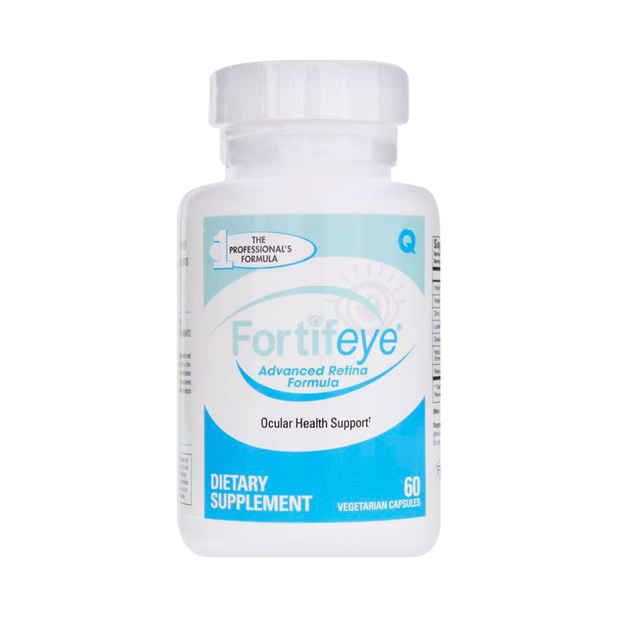 A white bottle of Fortifeye Advanced Retina Formula dietary supplement with a blue label contains 60 vegetarian capsules for macular degeneration support, following AREDS2 guidelines for optimal ocular health.