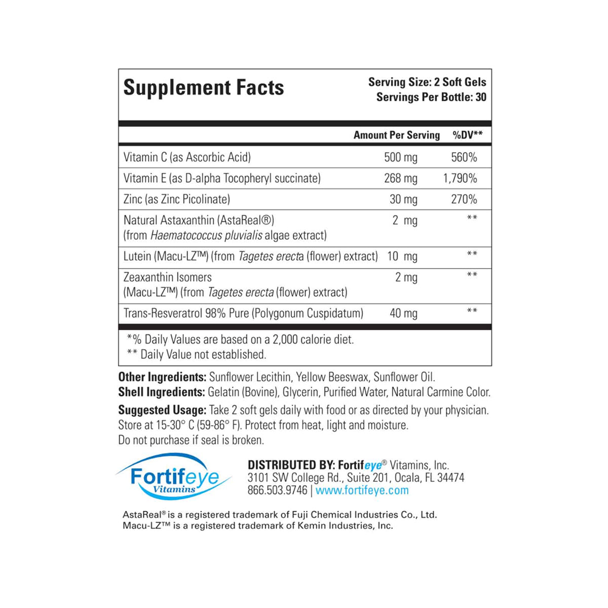 The label for Fortifeye Advanced Retina Formula lists Vitamin C, Vitamin E, Zinc, Natural Astaxanthin, Lutein, Zeaxanthin Isomers, and Trans-Resveratrol. It also includes oils and gel ingredients aimed at fighting macular degeneration.
