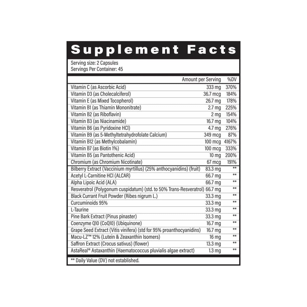The Fortifeye Next Gen Complete (90ct - 3 Month Supply) features a black and white supplement facts label detailing comprehensive nutritional support, including vitamins and minerals. Each serving size is two capsules, with 45 servings per container, promoting ocular health.