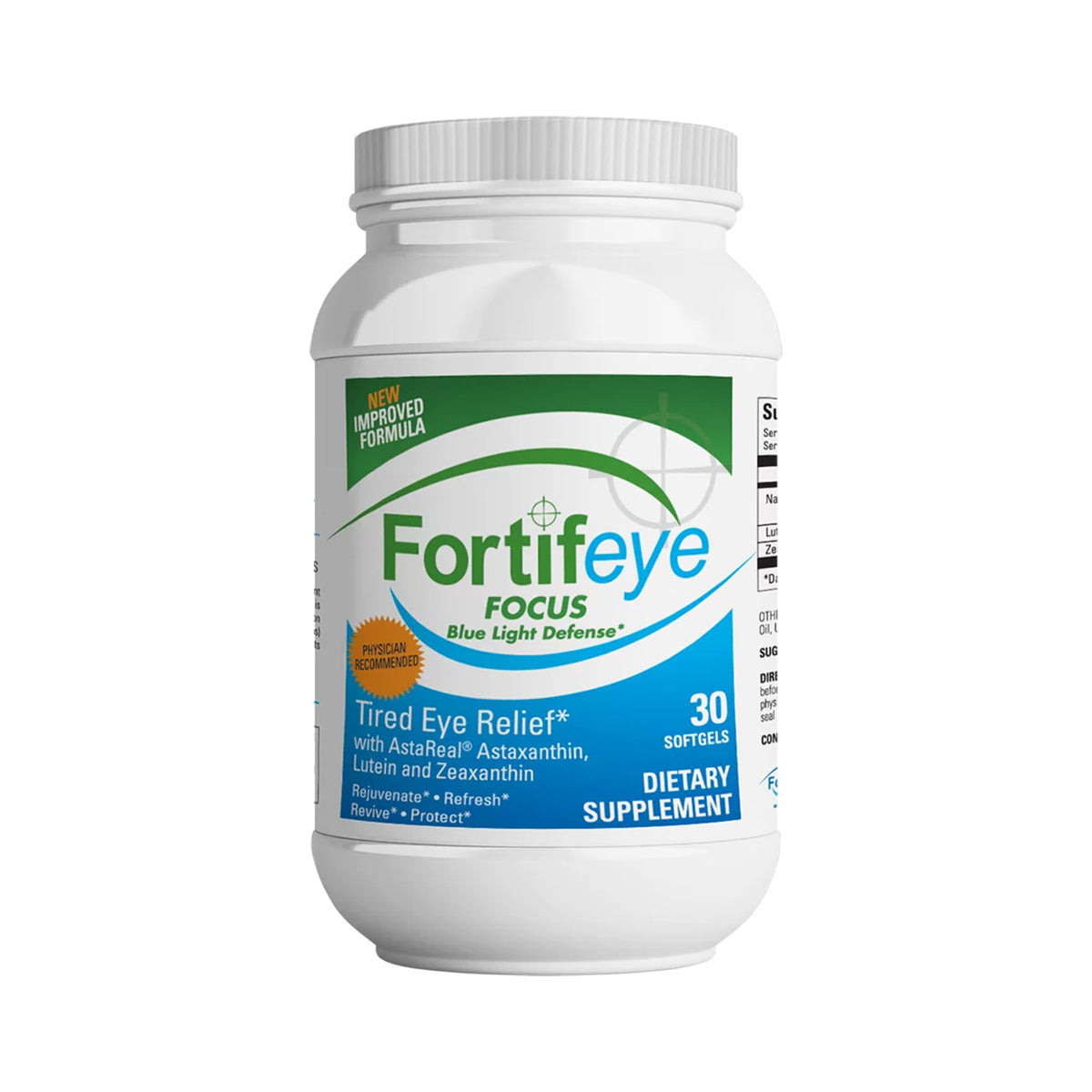 A white plastic bottle labeled Fortifeye Focus with green and blue graphics contains 30 softgels for eye health, featuring carotenoids like Astareal Astaxanthin, Lutein, and Zeaxanthin to offer tired eye relief and blue light protection. Brand: Fortifeye.
