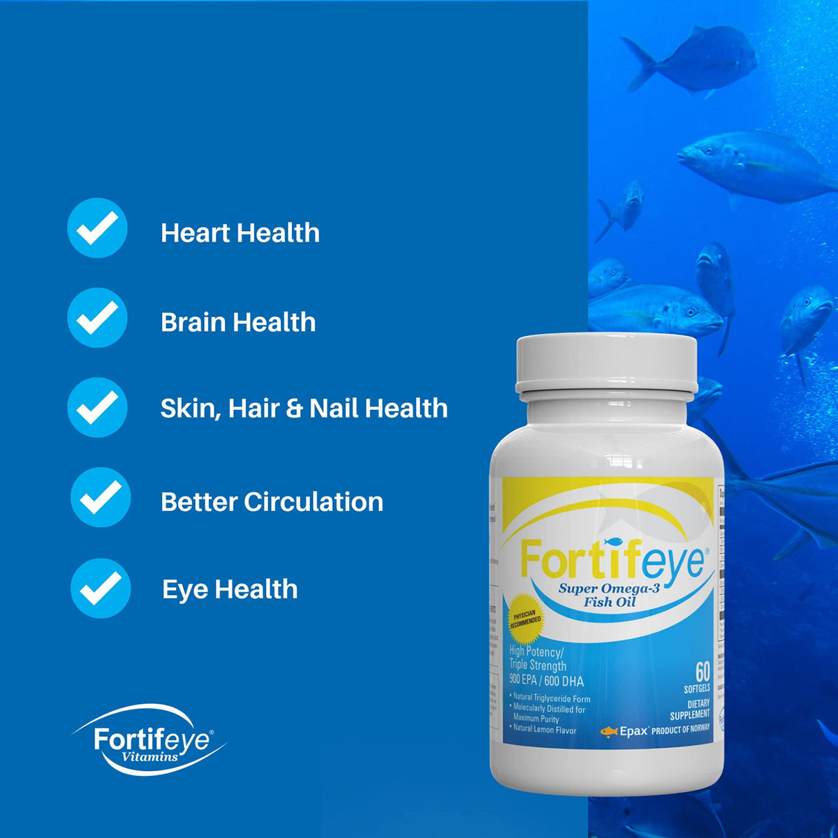 Image of a Fortifeye Super Omega-3 Fish Oil Omegas (60ct bottle) against a blue background with checkmarks highlighting benefits: heart, brain, skin, hair and nails, improved circulation, and eye health. Fish are swimming in the background. Fortifeye logo is included.