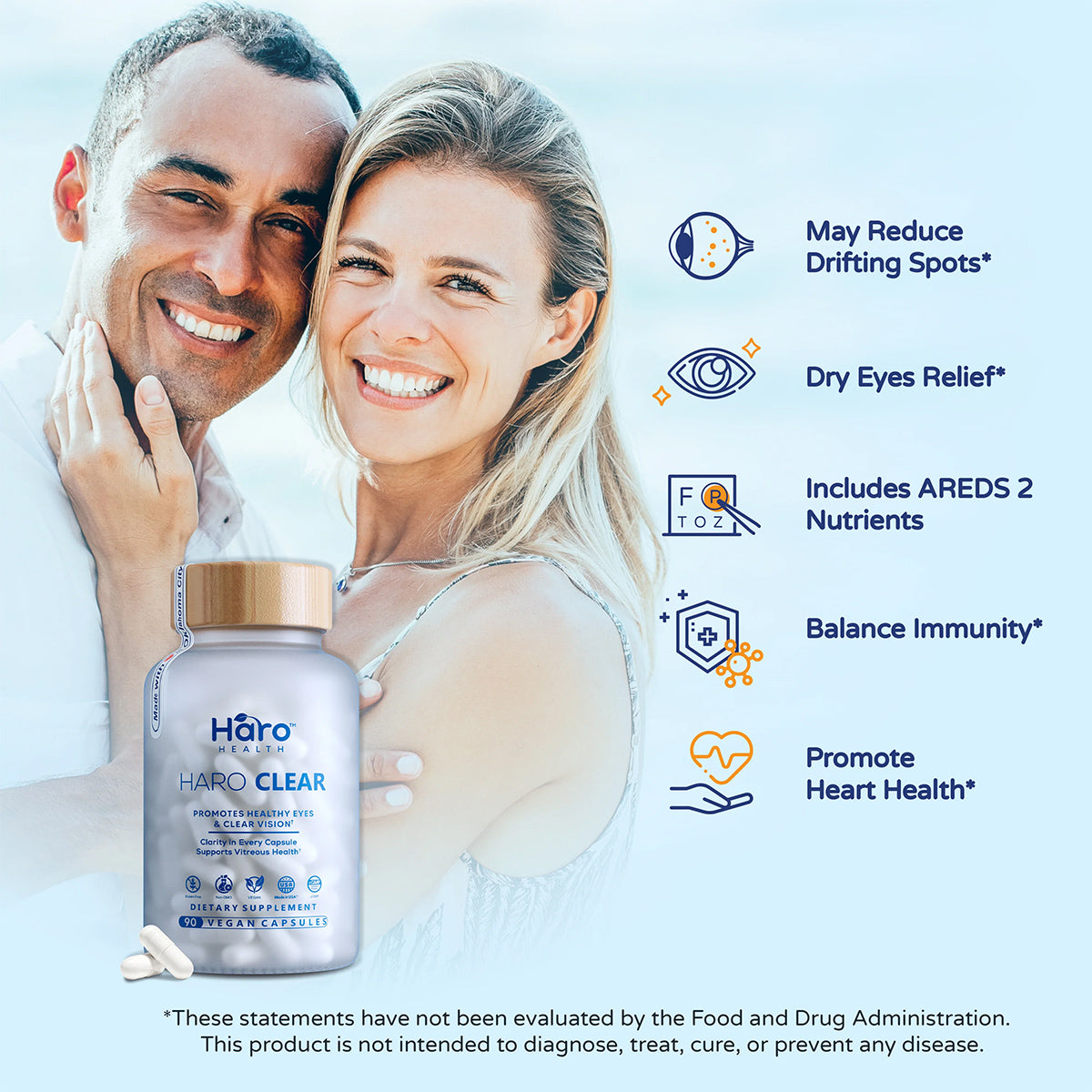 A smiling couple embraces against a light blue background next to a Haro Health Clear Eye Floaters and Vitreous Health Formula bottle. Text highlights five benefits: reducing eye floaters, dry eyes relief, AREDS 2 nutrients, balancing immunity, and promoting heart health.