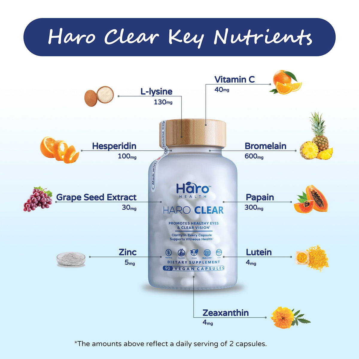 Infographic for Haro Clear Eye Floaters and Vitreous Health Formula by Haro Health showcases a bottle surrounded by ingredients like L-lysine, Vitamin C, and AREDS 2 nutrients: Zinc, Bromelain, illustrated with fruit symbols to support vision health and combat eye floaters.